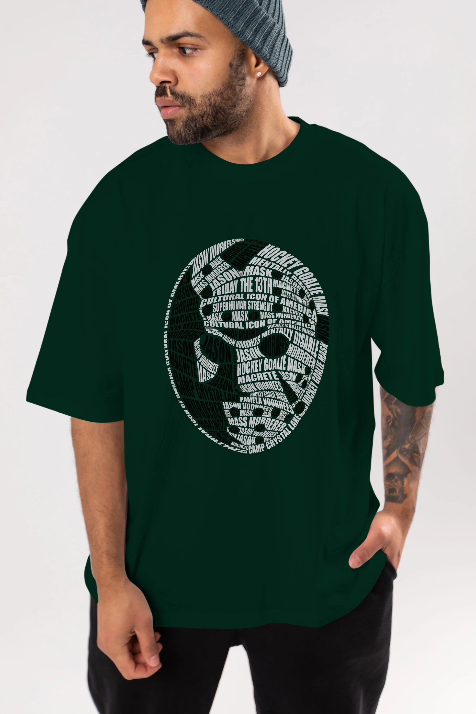 Jason Voorhees Calligram Ön Baskılı Oversize t-shirt %100 pamuk Erkek Kadın Unisex