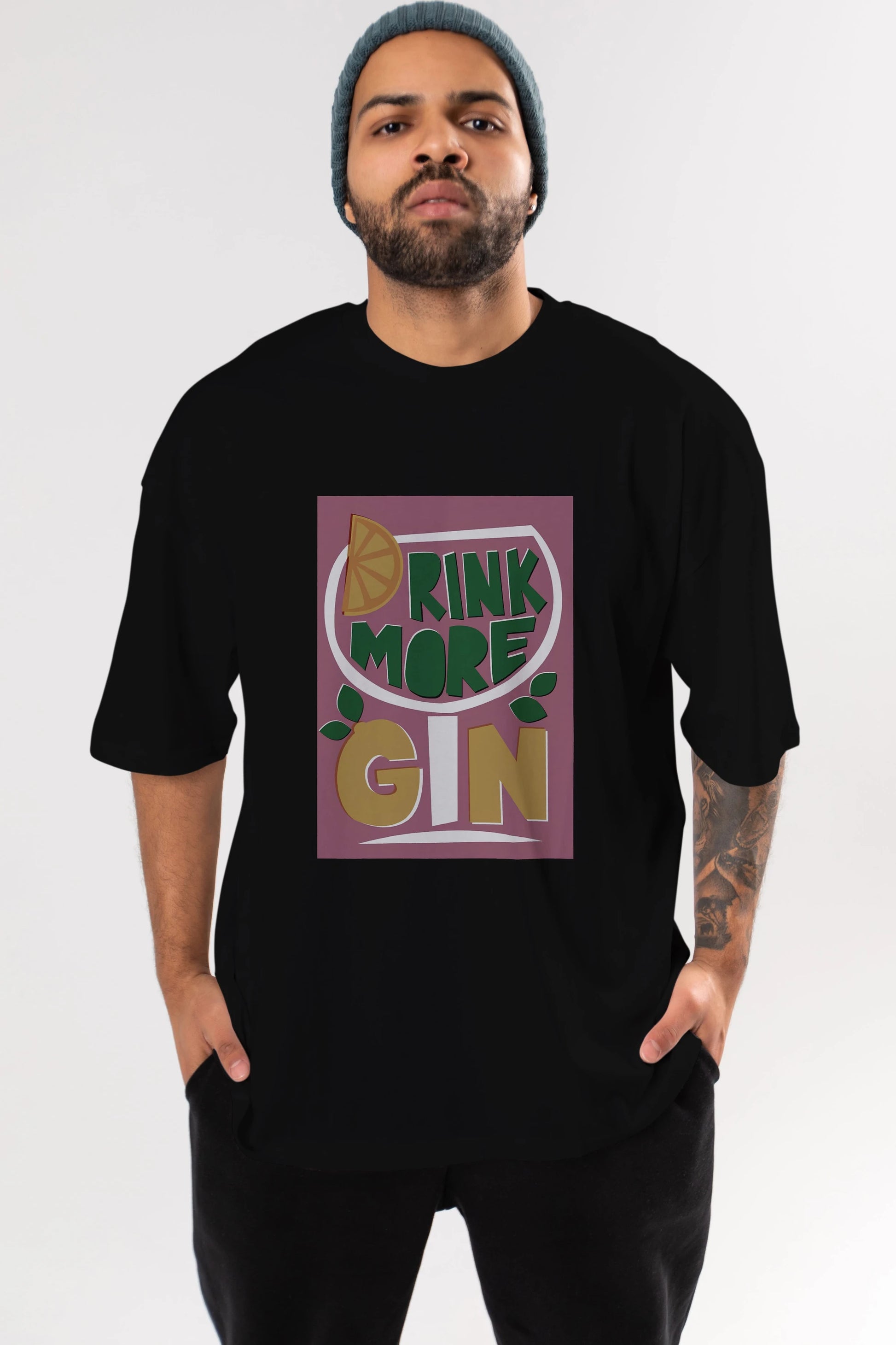 Drink More Gin Ön Baskılı Oversize t-shirt Erkek Kadın Unisex %100 Pamuk Bisiklet Yaka tişort