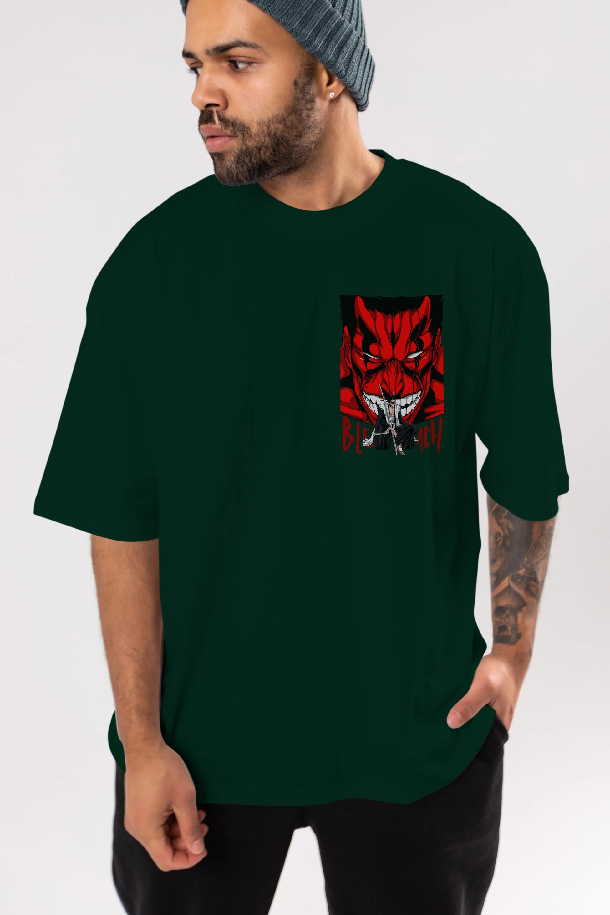 KENPACHI ZARAKI BLEACH Ön Sol Baskılı Oversize t-shirt Erkek Kadın Unisex %100 Pamuk Bisiklet Yaka tişort