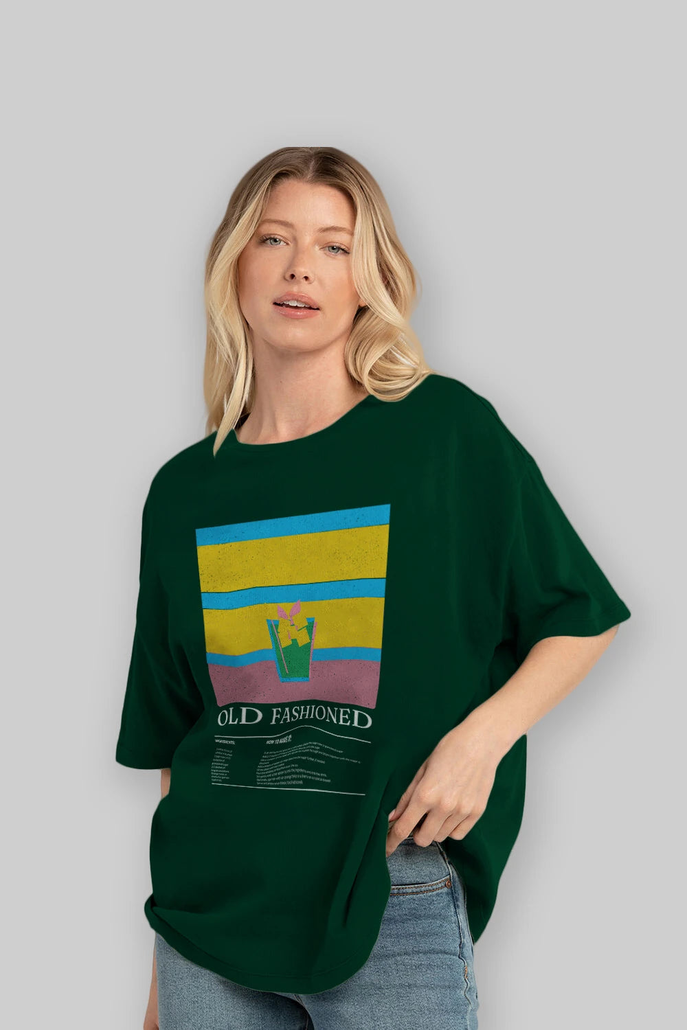 Old Fashioned Kokteyl Ön Baskılı Oversize t-shirt Erkek Kadın %100 Pamuk Bisiklet Yaka tişort