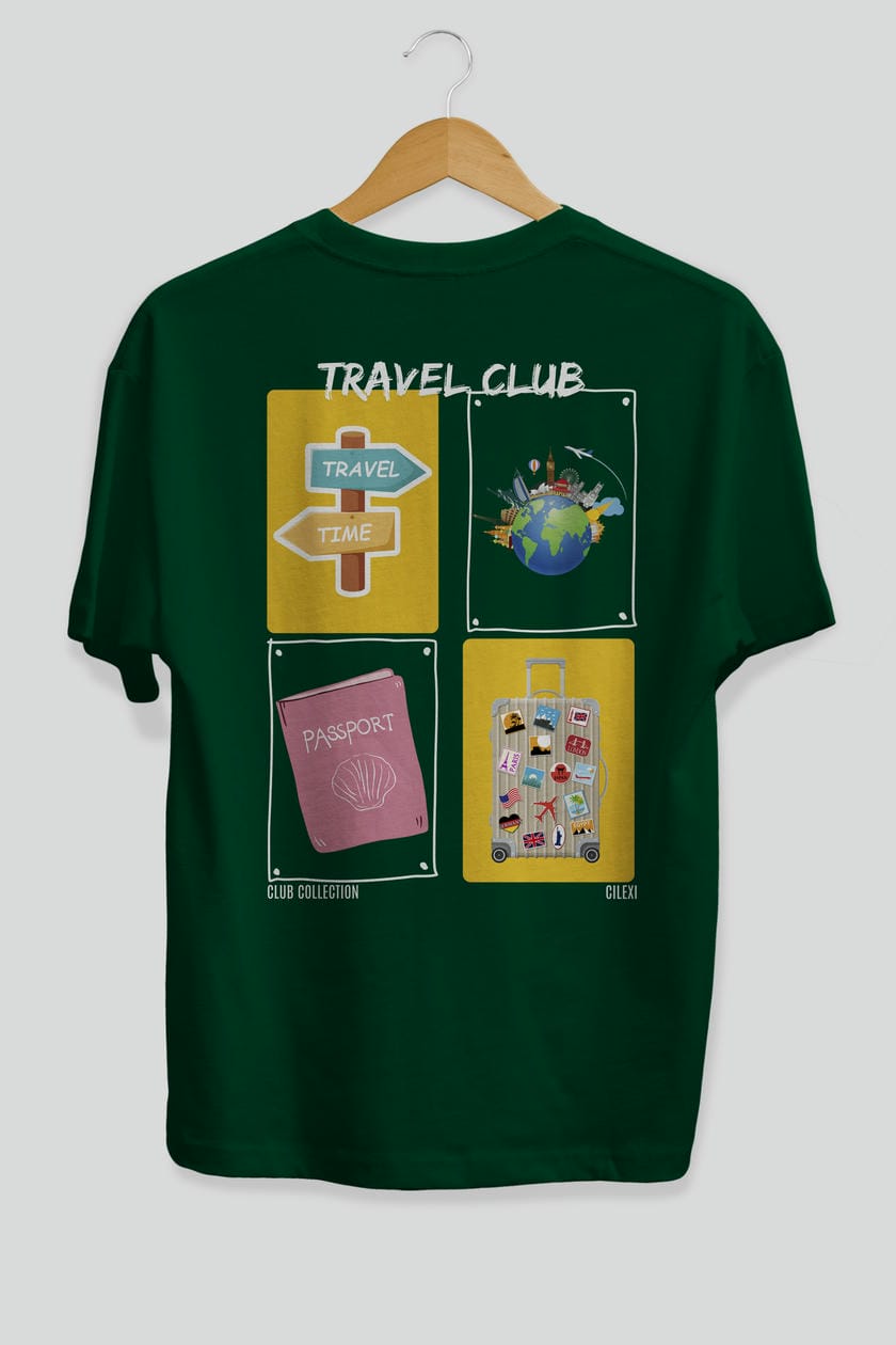 Travel Club Arka Baskılı Oversize t-shirt Erkek Kadın %100 Pamuk Bisiklet Yaka tişort