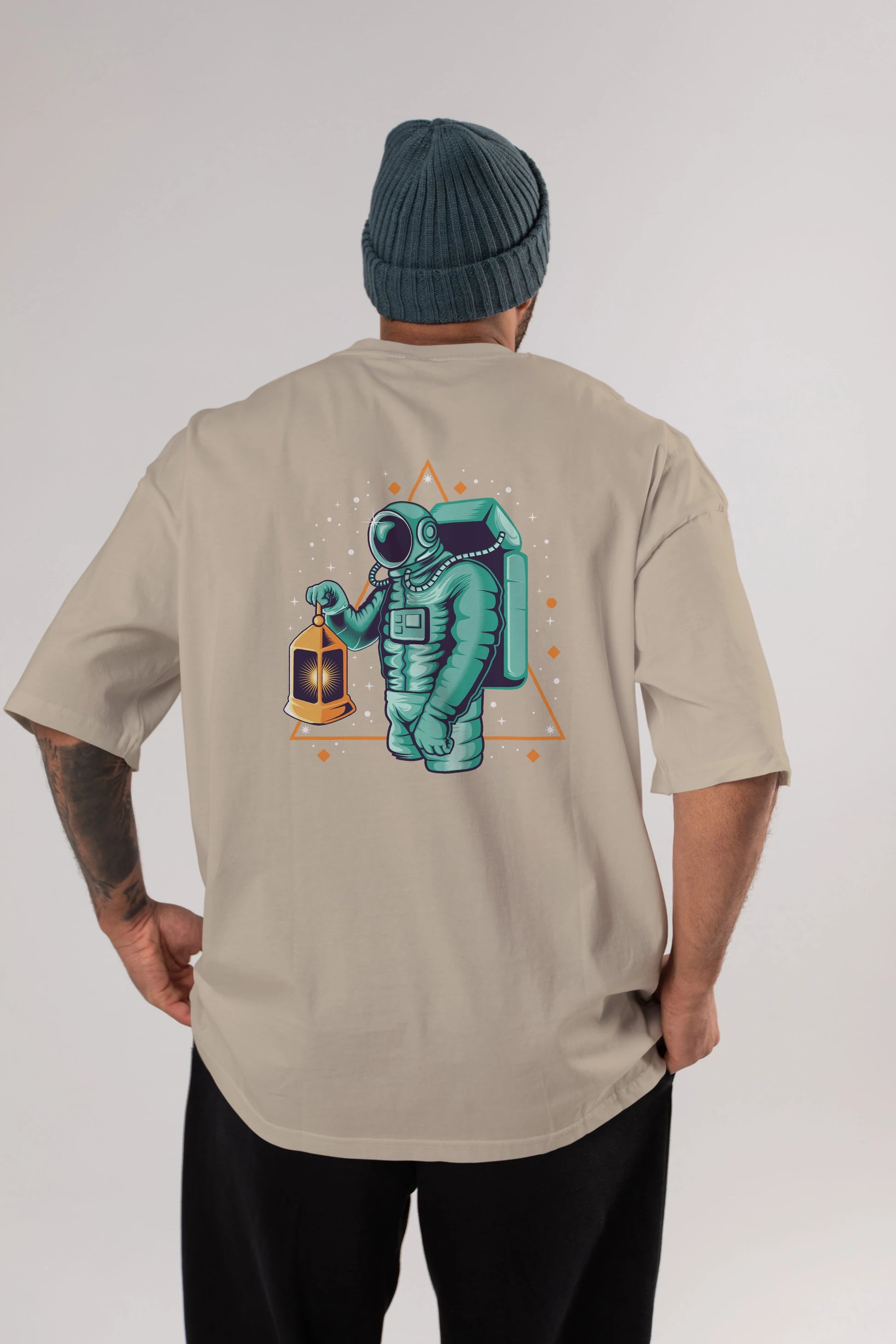 Astronaut Lantern Arka Baskılı Oversize t-shirt Erkek Kadın Unisex