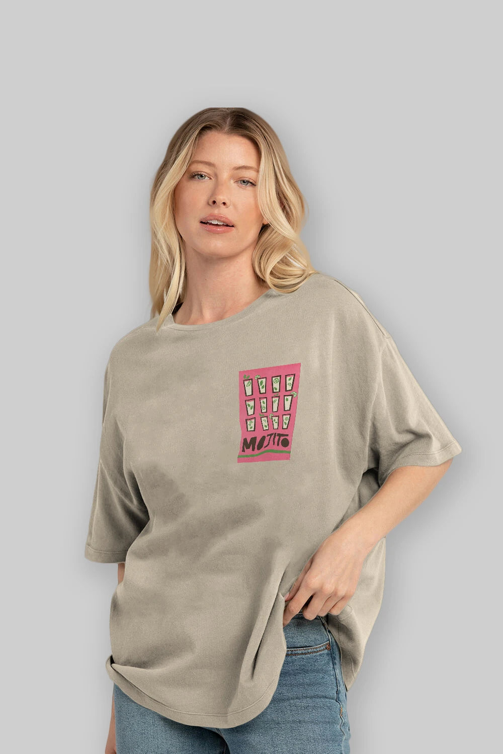 Mojito Ön Sol Baskılı Oversize t-shirt Erkek Kadın Unisex %100 Pamuk Bisiklet Yaka tişort