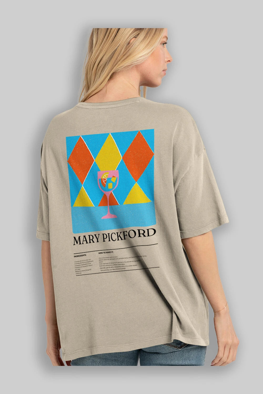 Mary Pickford Kokteyl Serisi Arka Baskılı Oversize t-shirt Erkek Kadın %100 Pamuk Bisiklet Yaka tişort