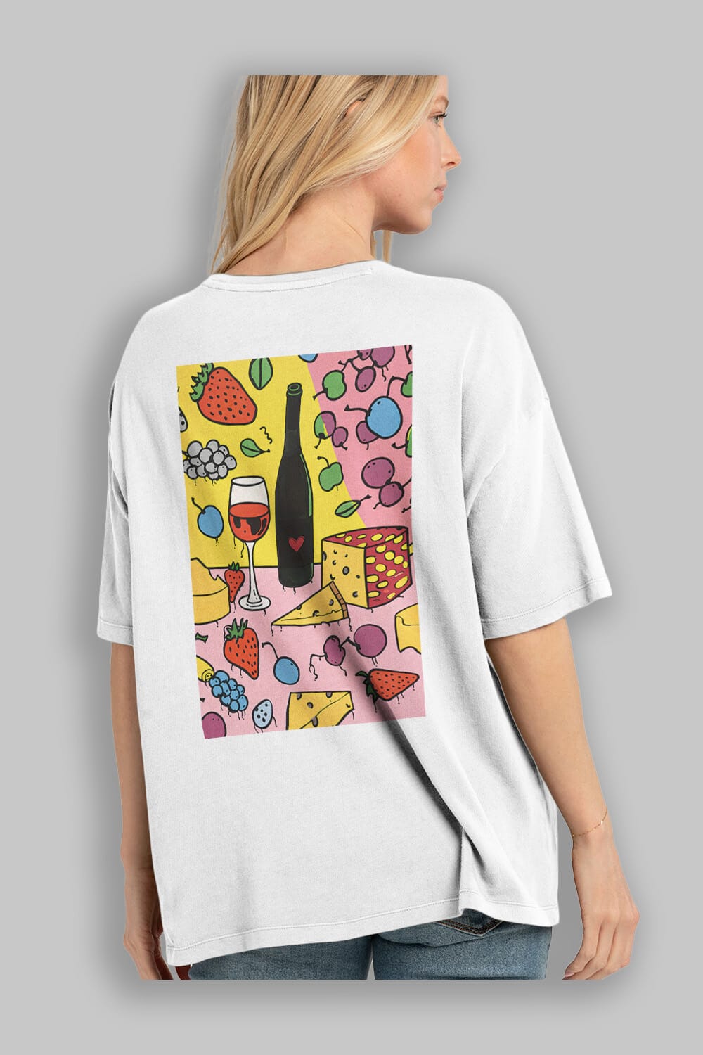 Wine Cheese Fruits Arka Baskılı Oversize t-shirt Erkek Kadın Unisex %100 Pamuk Bisiklet Yaka tişort