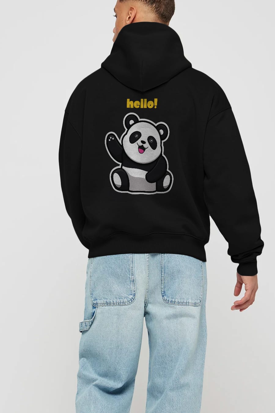 Hello Panda Arka Baskılı Oversize Hoodie Kapüşonlu Sweatshirt Erkek Kadın Unisex