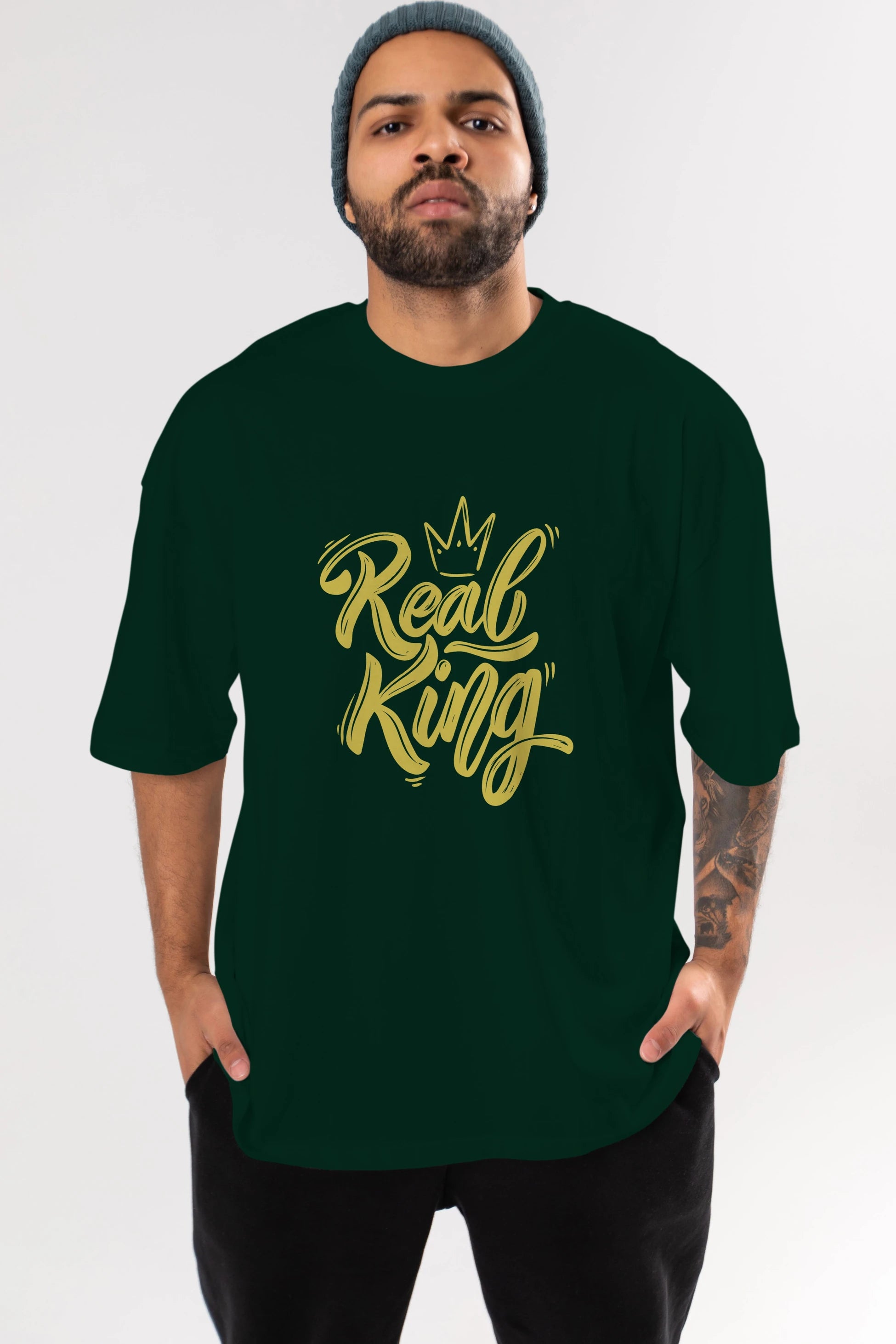 Real King Yazılı Ön Baskılı Oversize t-shirt Erkek Kadın Unisex
