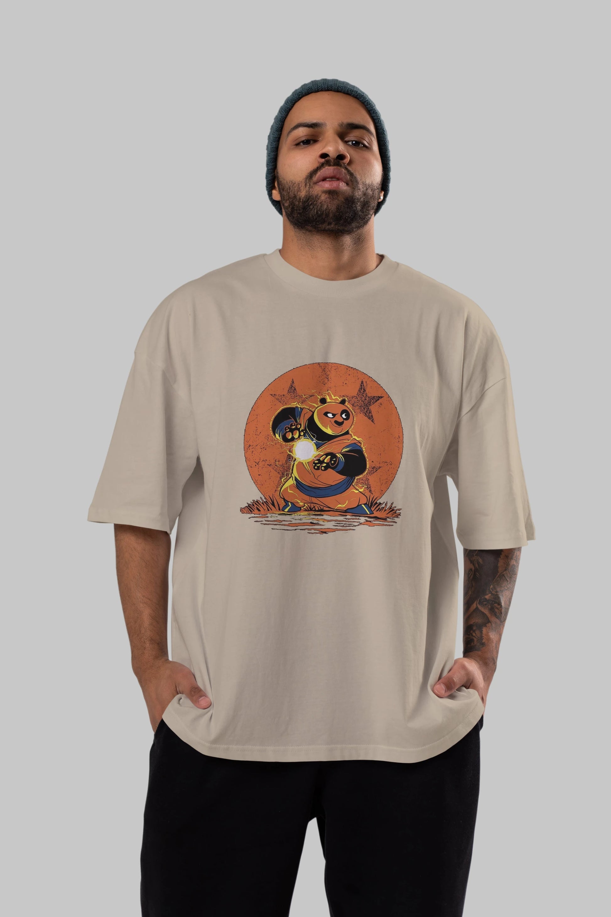 Kung Fu Panda Ön Baskılı Oversize t-shirt Erkek Kadın Unisex %100 Pamuk Bisiklet Yaka tişort