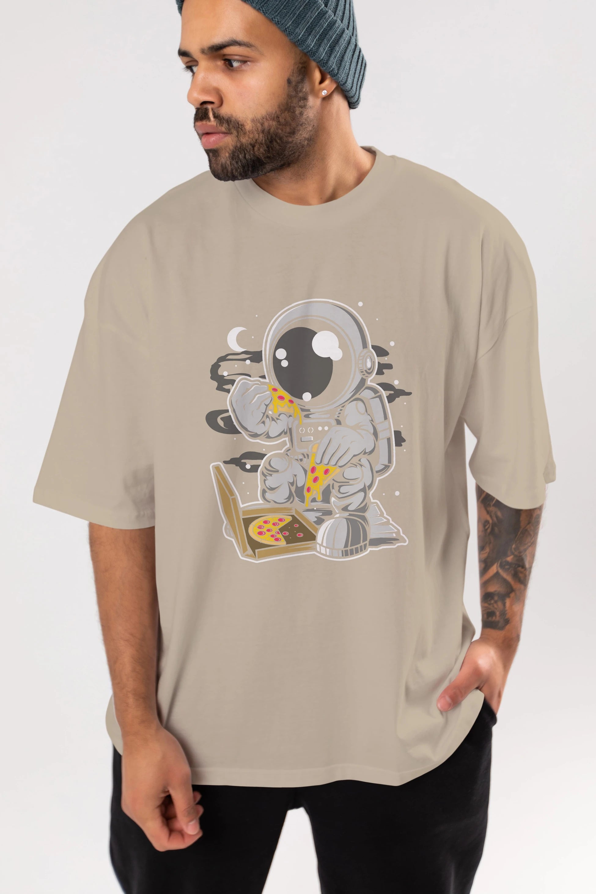 Astronaut Pizza Ön Baskılı Oversize t-shirt Erkek Kadın Unisex