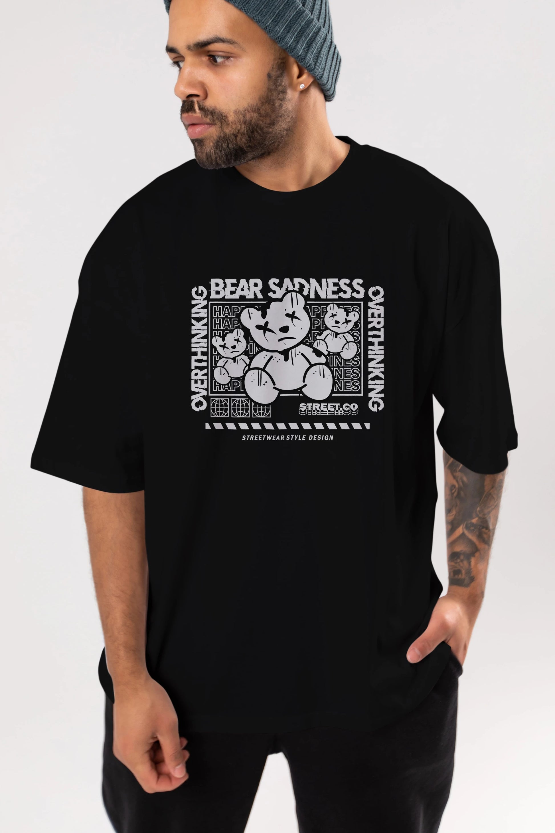 Bear Sadness 2 Ön Baskılı Oversize t-shirt Erkek Kadın Unisex