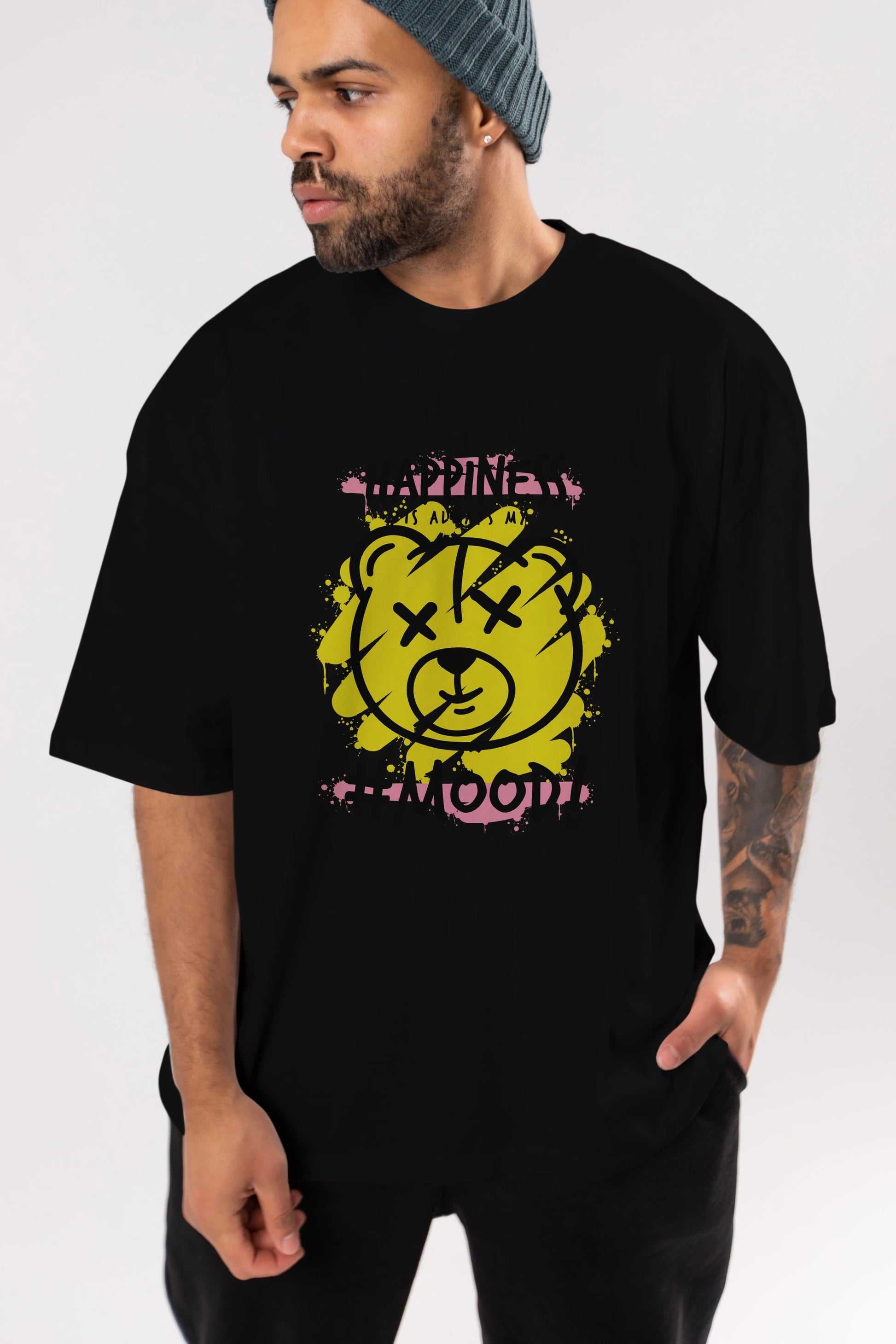 Happiness Mood Bear Ön Baskılı Oversize t-shirt Erkek Kadın Unisex