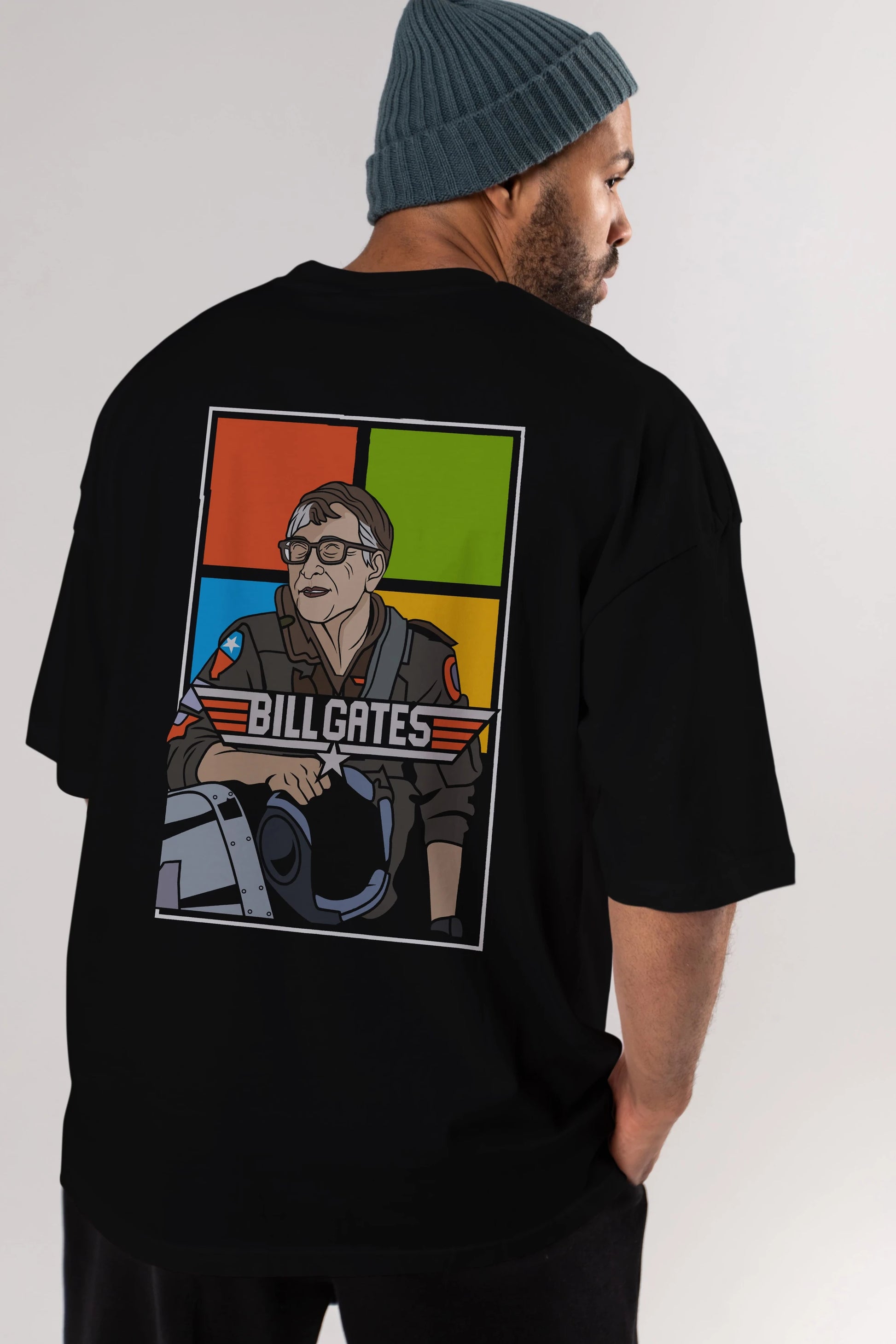 Bill Gates Top Gun Arka Baskılı Oversize t-shirt Erkek Kadın Unisex %100 Pamuk tişort