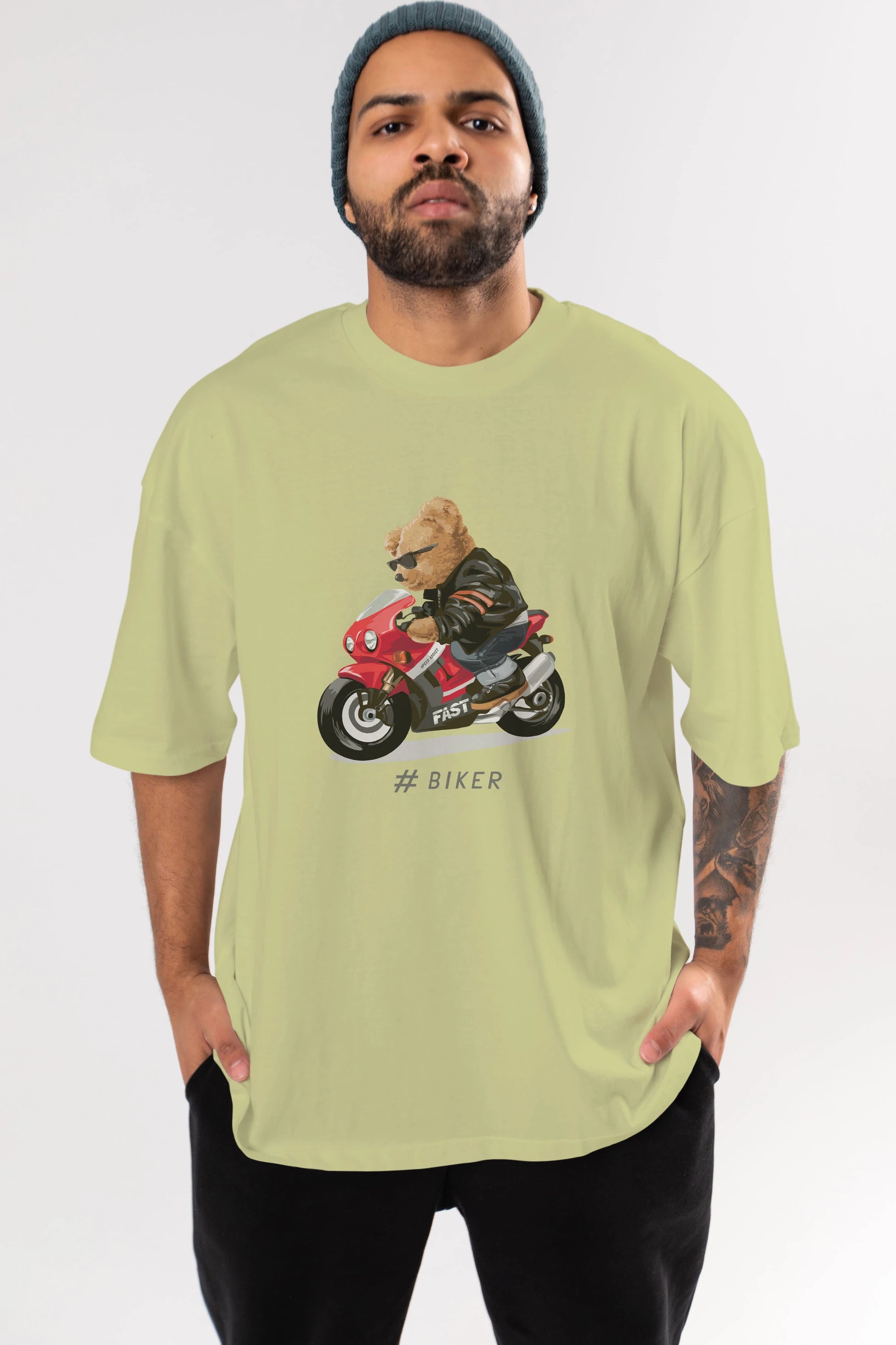 Teddy Bear Biker Ön Baskılı Oversize t-shirt Erkek Kadın Unisex %100 Pamuk