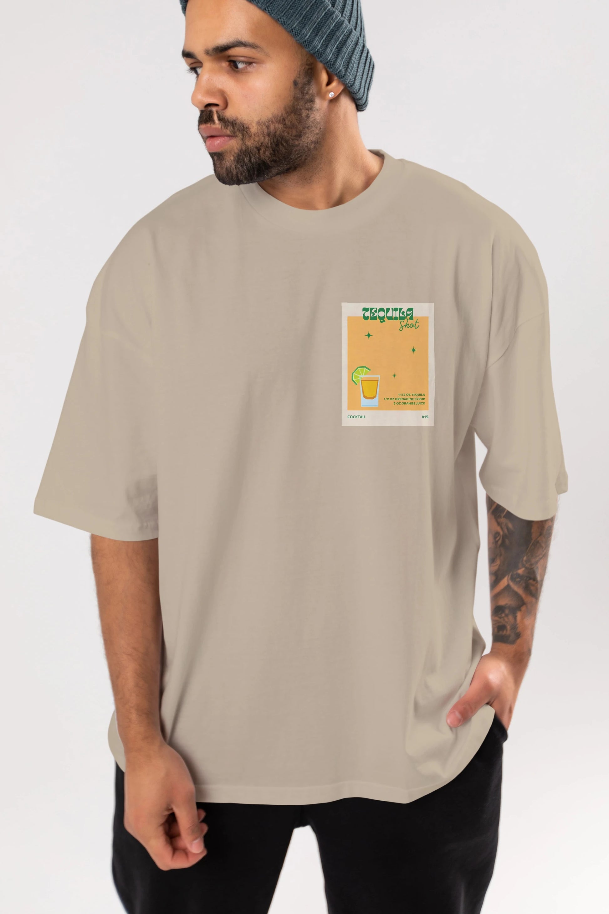 Tequila Shot 2 Ön Sol Baskılı Oversize t-shirt Erkek Kadın Unisex %100 Pamuk Bisiklet Yaka tişort