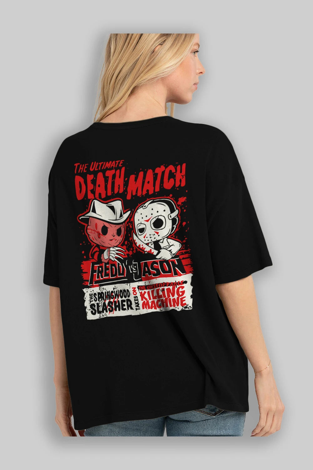 Freddy vs Jason Arka Baskılı Oversize t-shirt Erkek Kadın Unisex %100 Pamuk Bisiklet Yaka tişort