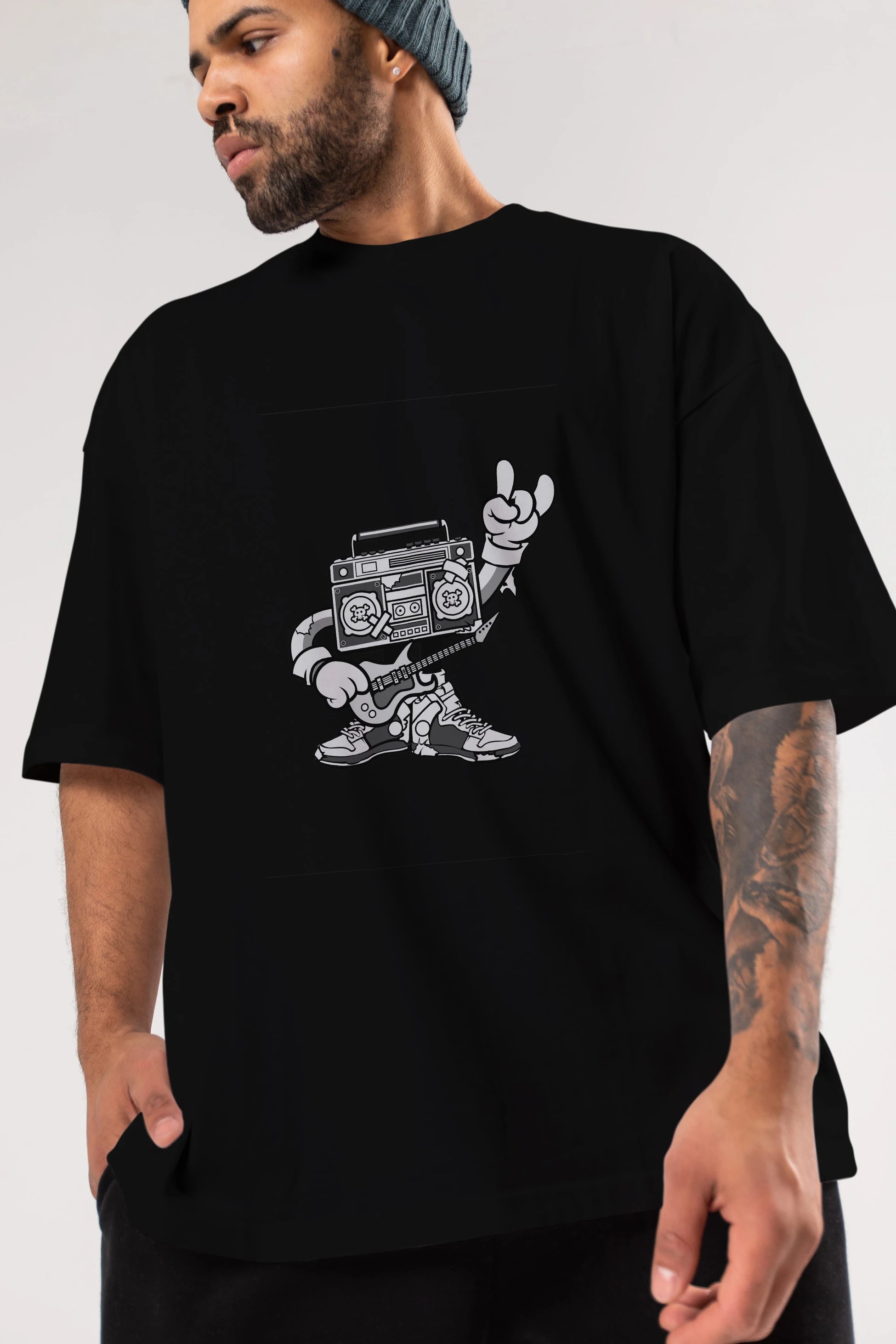 Boombox Rockstar Ön Baskılı Oversize t-shirt Erkek Kadın Unisex %100 Pamuk tişort