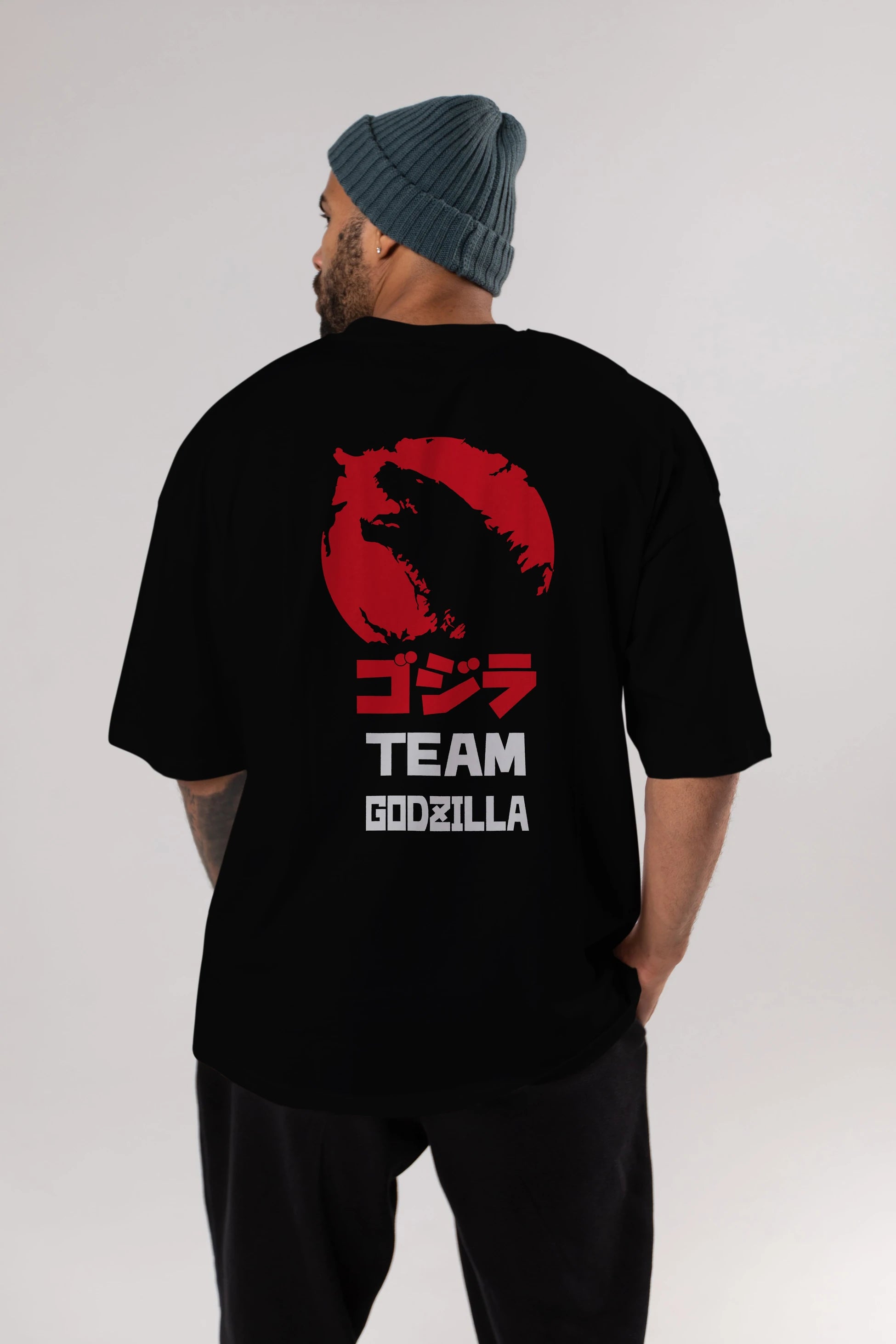 Team Godzilla Arka Baskılı Oversize t-shirt Erkek Kadın Unisex %100 Pamuk Bisiklet Yaka tişort