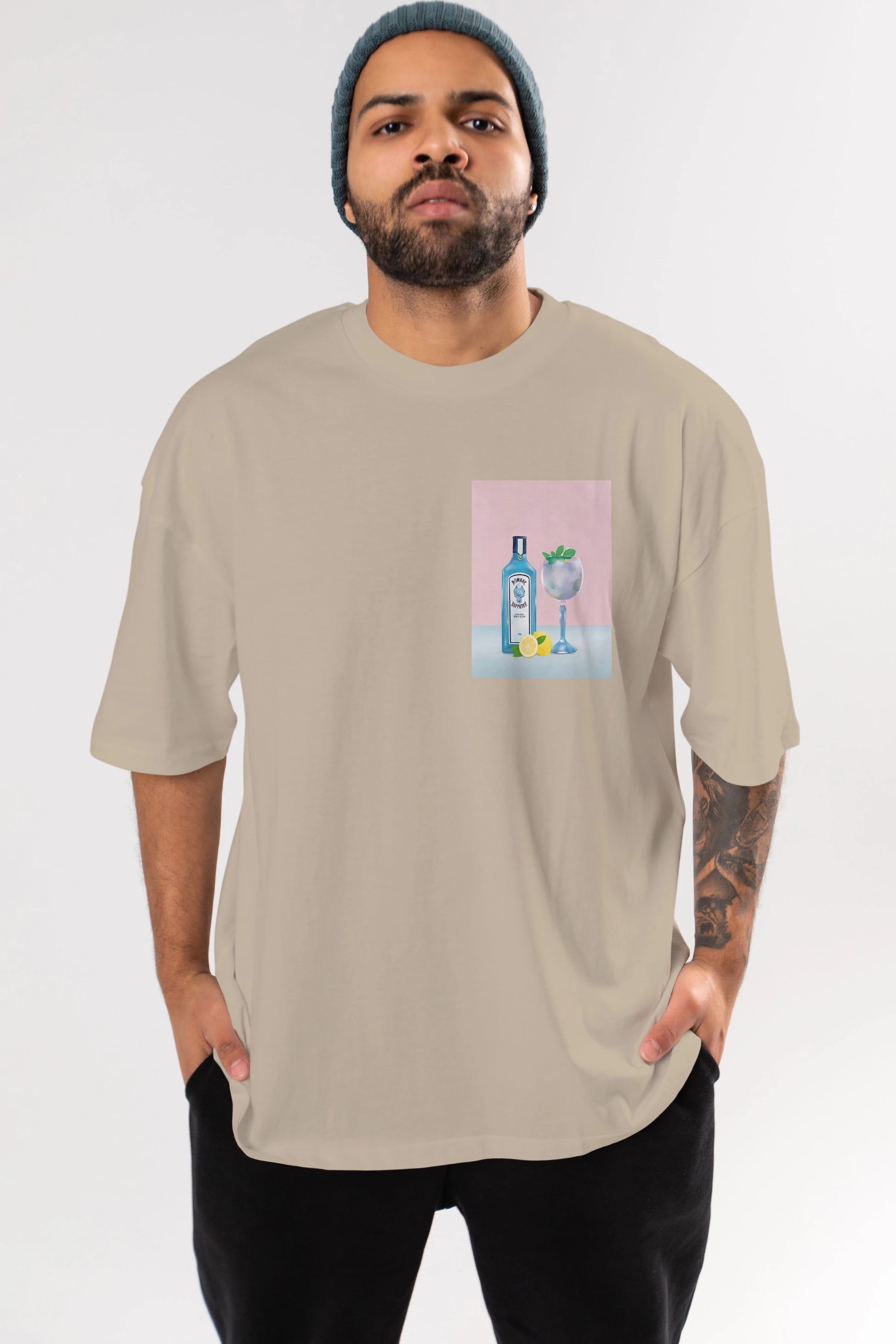 Bombay Sapphire Dry Gin Ön Sol Baskılı Oversize t-shirt Erkek Kadın Unisex %100 Pamuk Bisiklet Yaka tişort