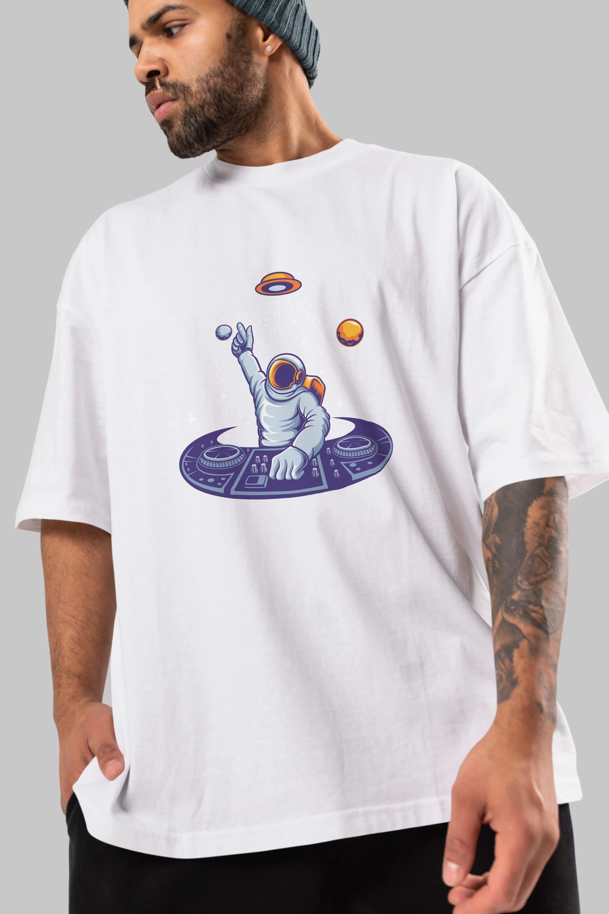 Astronaut Disk Jockey Party Ön Baskılı Oversize t-shirt Erkek Kadın Unisex