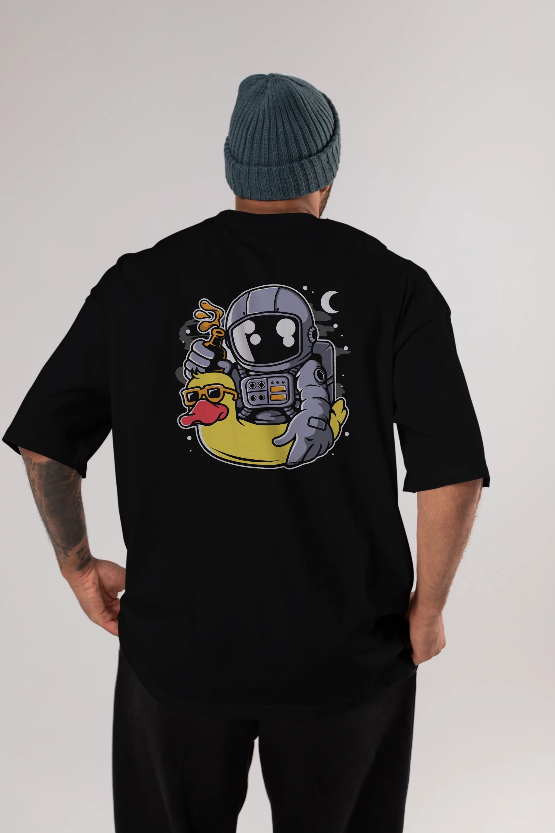 Astronaut Duck Balloon Arka Baskılı Oversize t-shirt Erkek Kadın Unisex