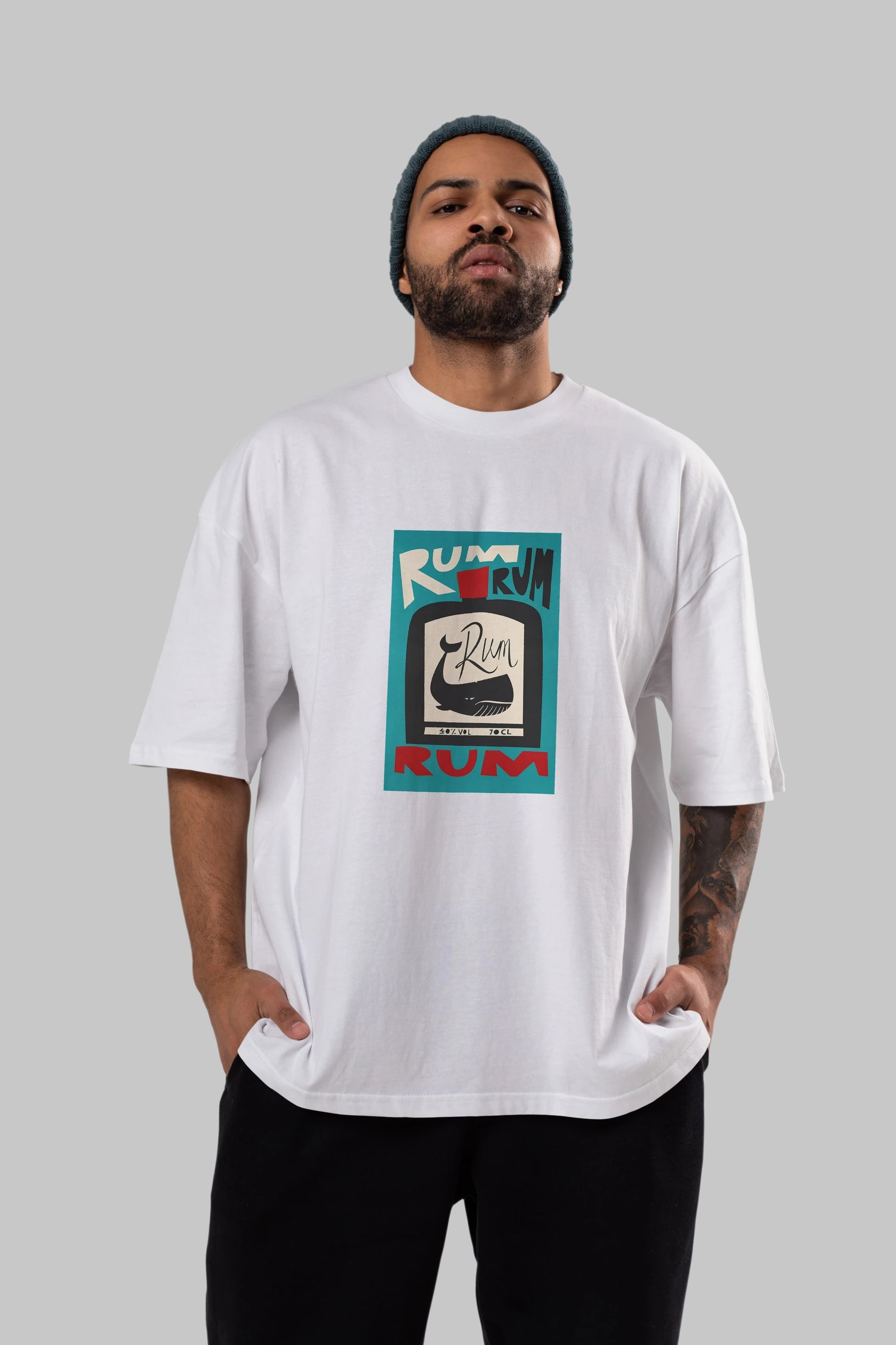 Rum Ön Baskılı Oversize t-shirt Erkek Kadın Unisex %100 Pamuk Bisiklet Yaka tişort