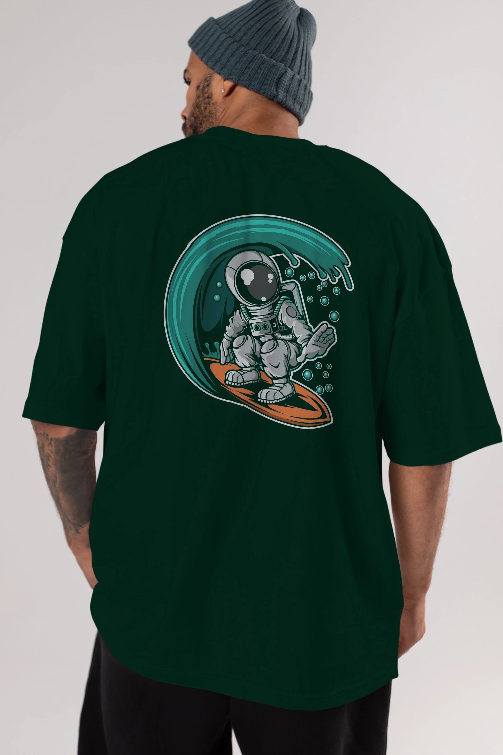 Astronaut Surfing Arka Baskılı Oversize t-shirt Erkek Kadın Unisex