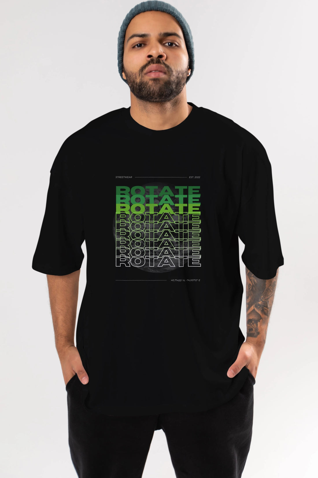 Rotate Yazılı Ön Baskılı Oversize t-shirt Erkek Kadın Unisex
