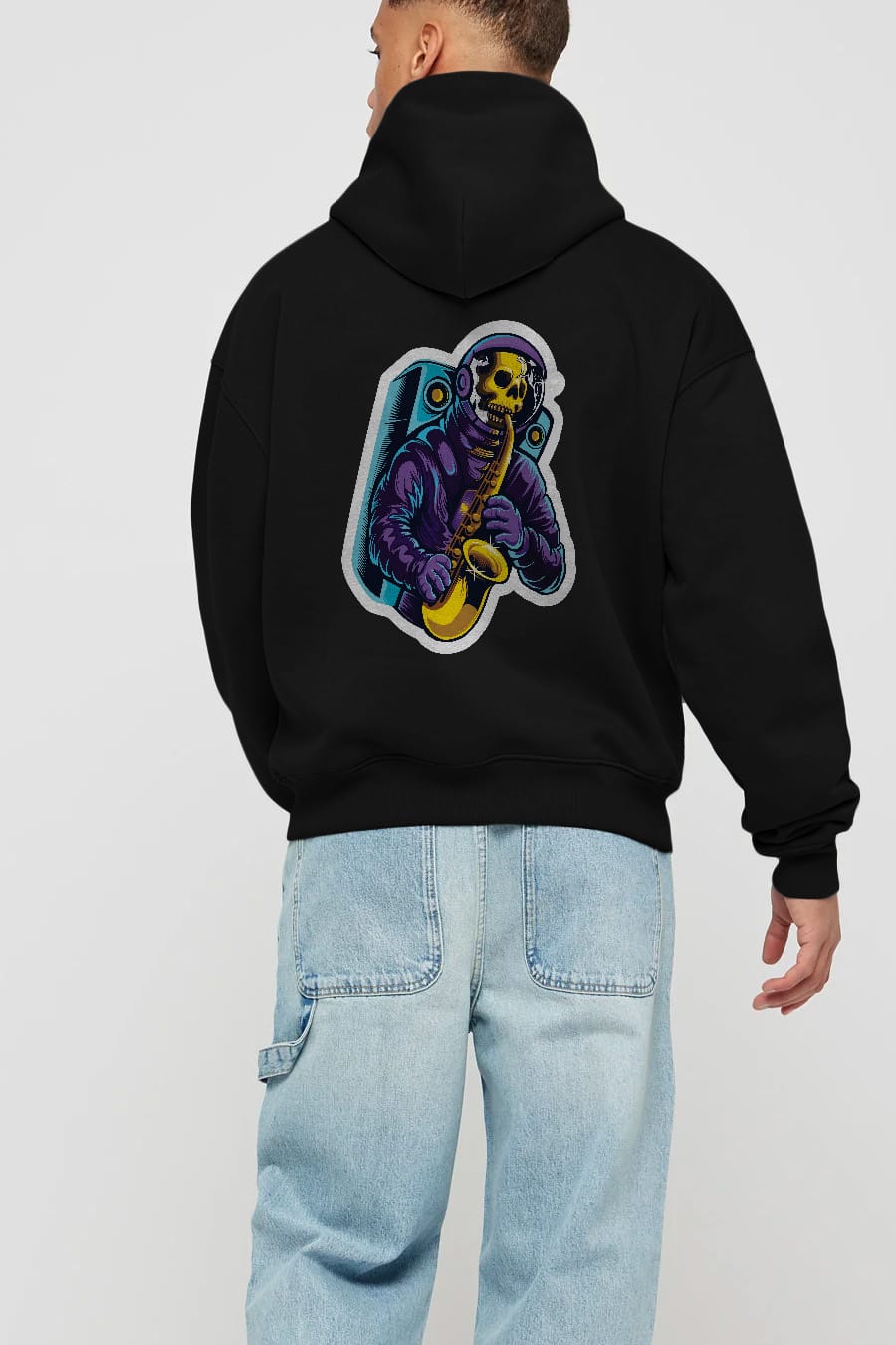 Astroskull Saxophonist Sticker Arka Baskılı Hoodie Oversize Kapüşonlu Sweatshirt Erkek Kadın Unisex