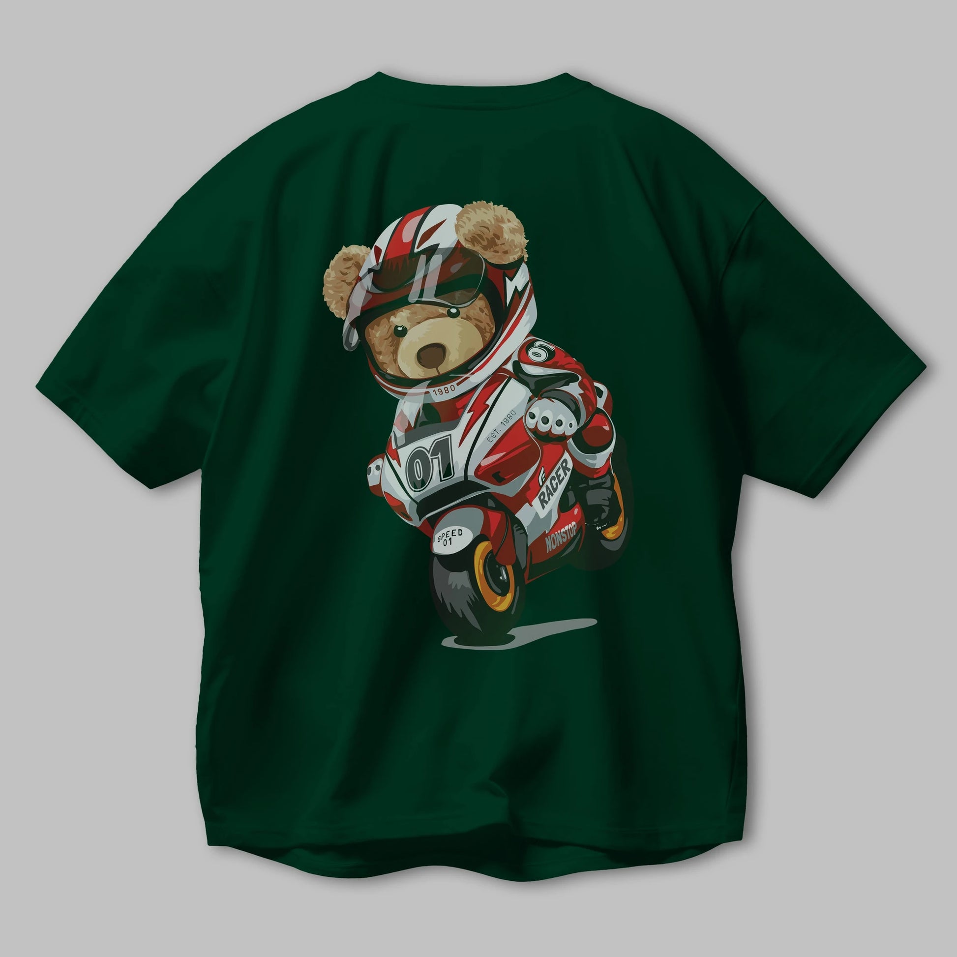 Teddy Bear Racer Arka Baskılı Oversize t-shirt Erkek Kadın Unisex %100 Pamuk
