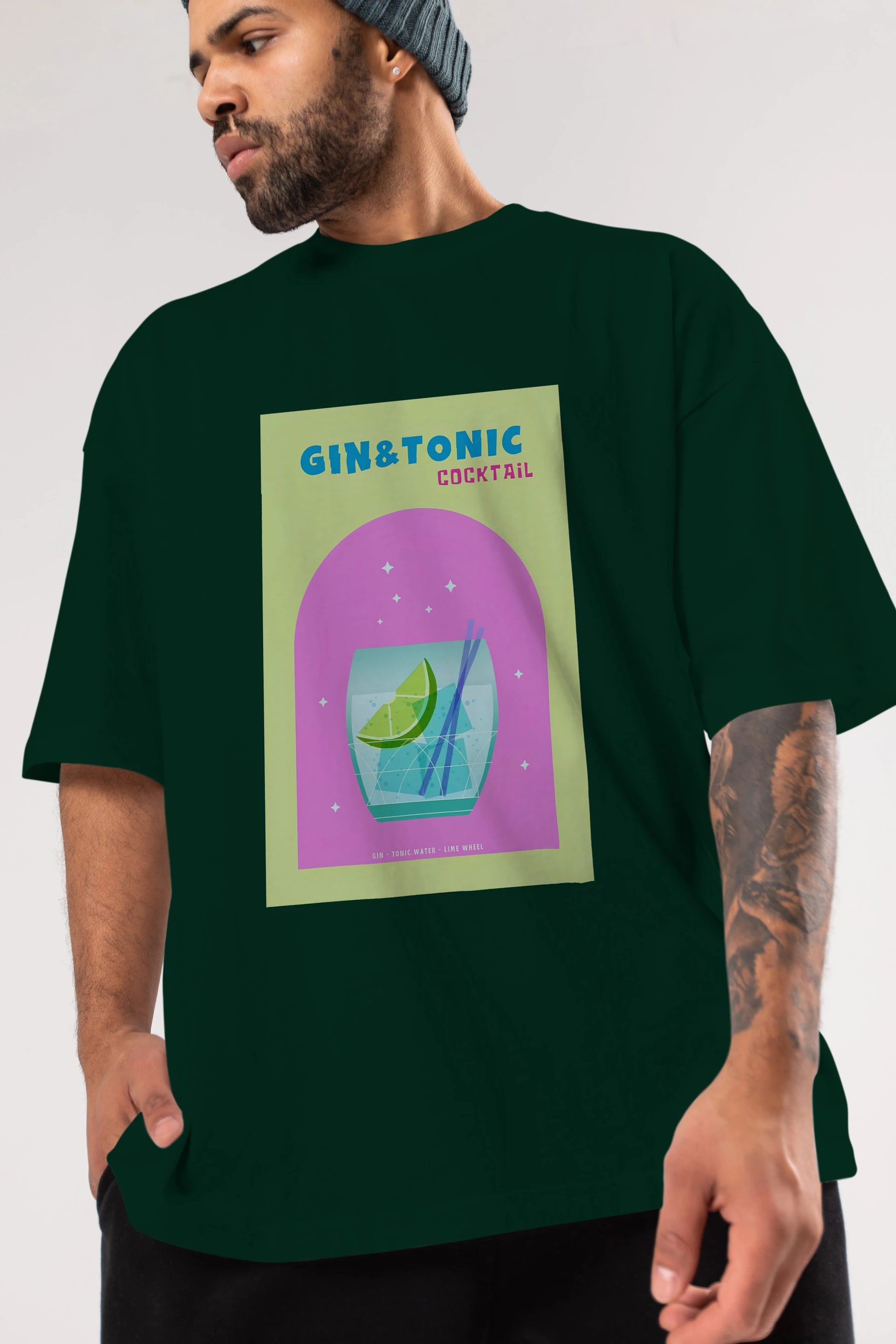 Gin Tonic Cocktail Ön Baskılı Oversize t-shirt Erkek Kadın Unisex %100 Pamuk Bisiklet Yaka tişort
