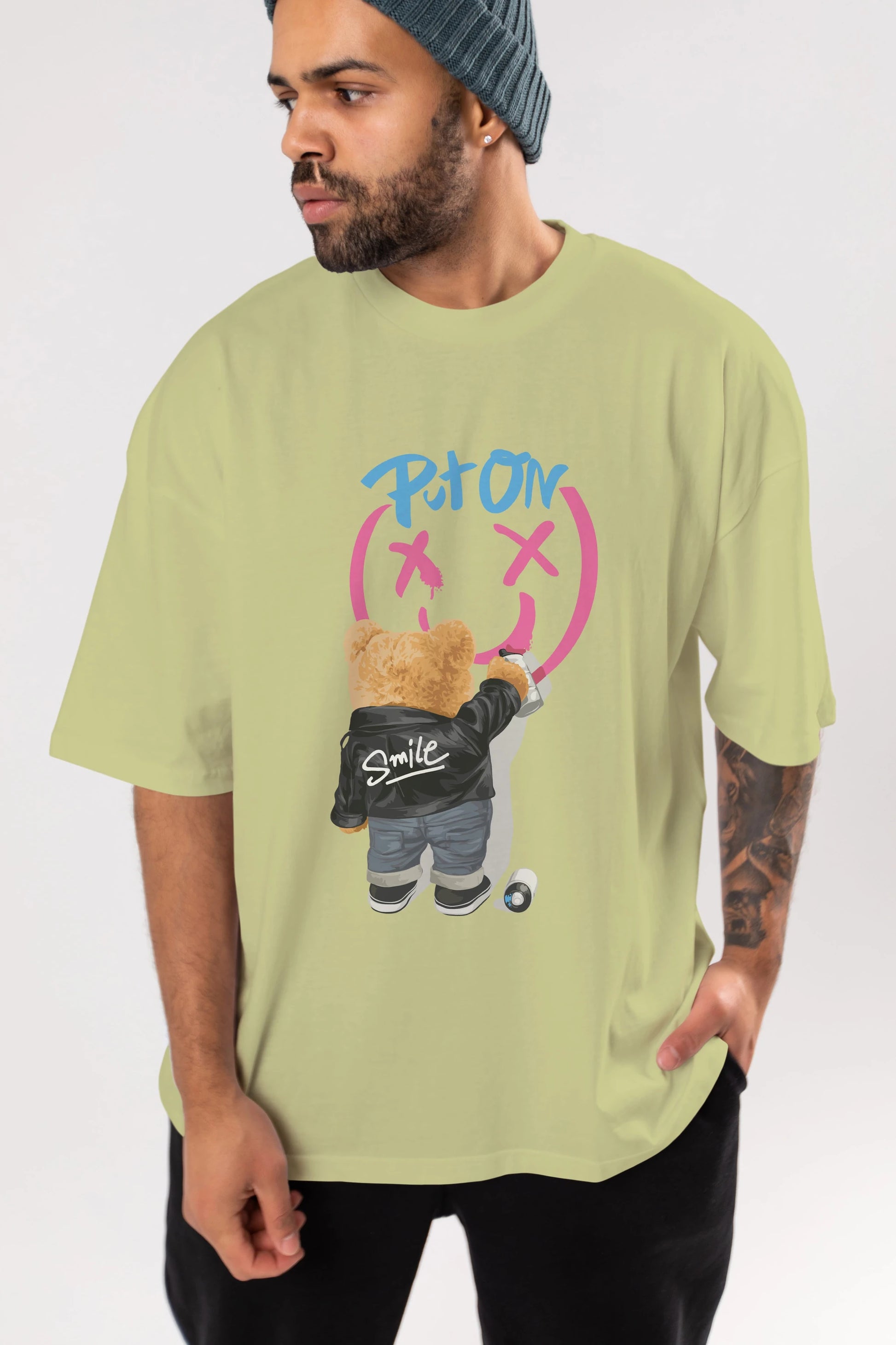 Put on Smile Bear Ön Baskılı Oversize t-shirt Erkek Kadın Unisex