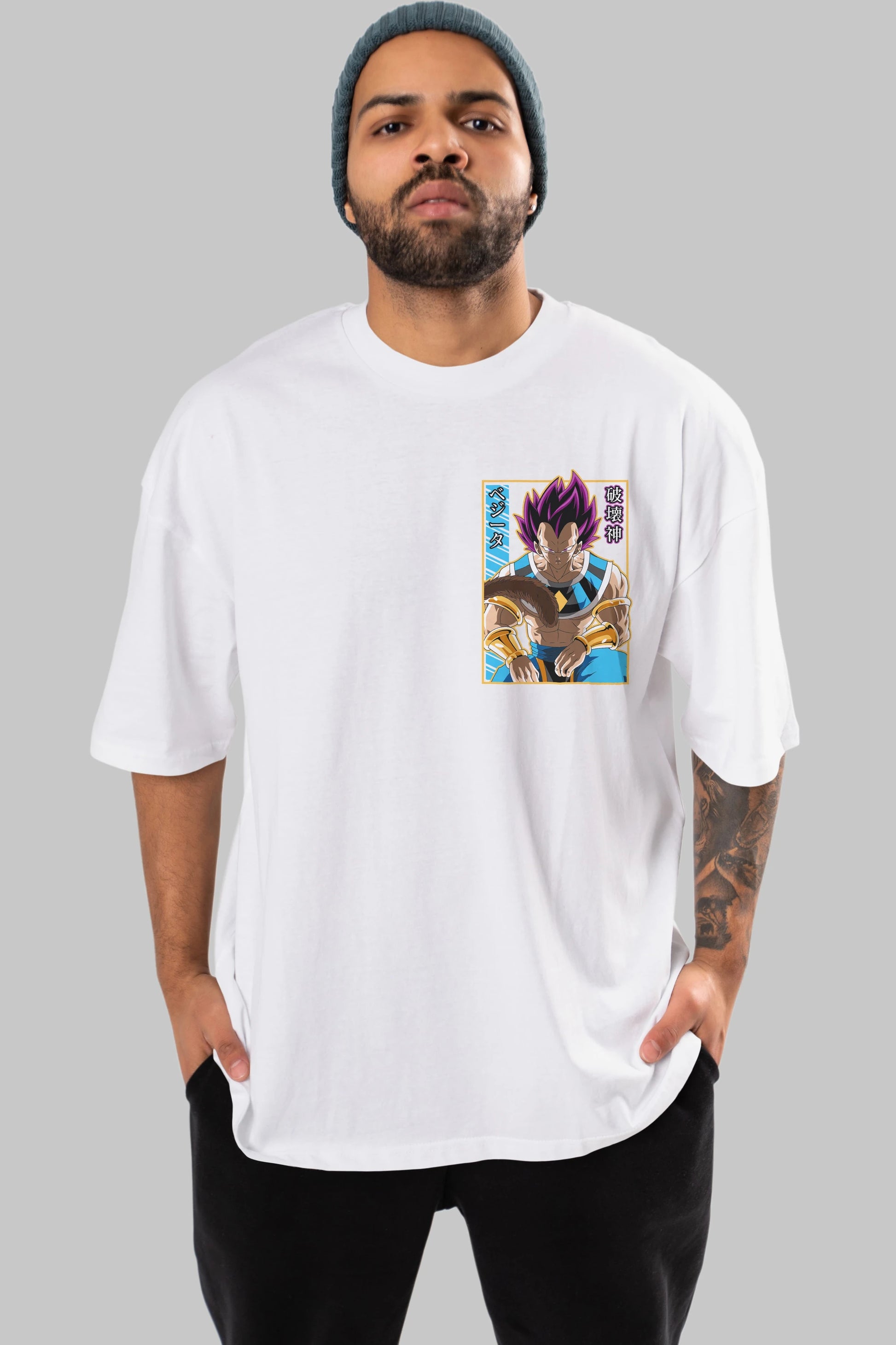 DragonBall VegetaHakaishin Ön Sol Baskılı Oversize t-shirt Erkek Kadın Unisex %100 Pamuk Bisiklet Yaka tişort