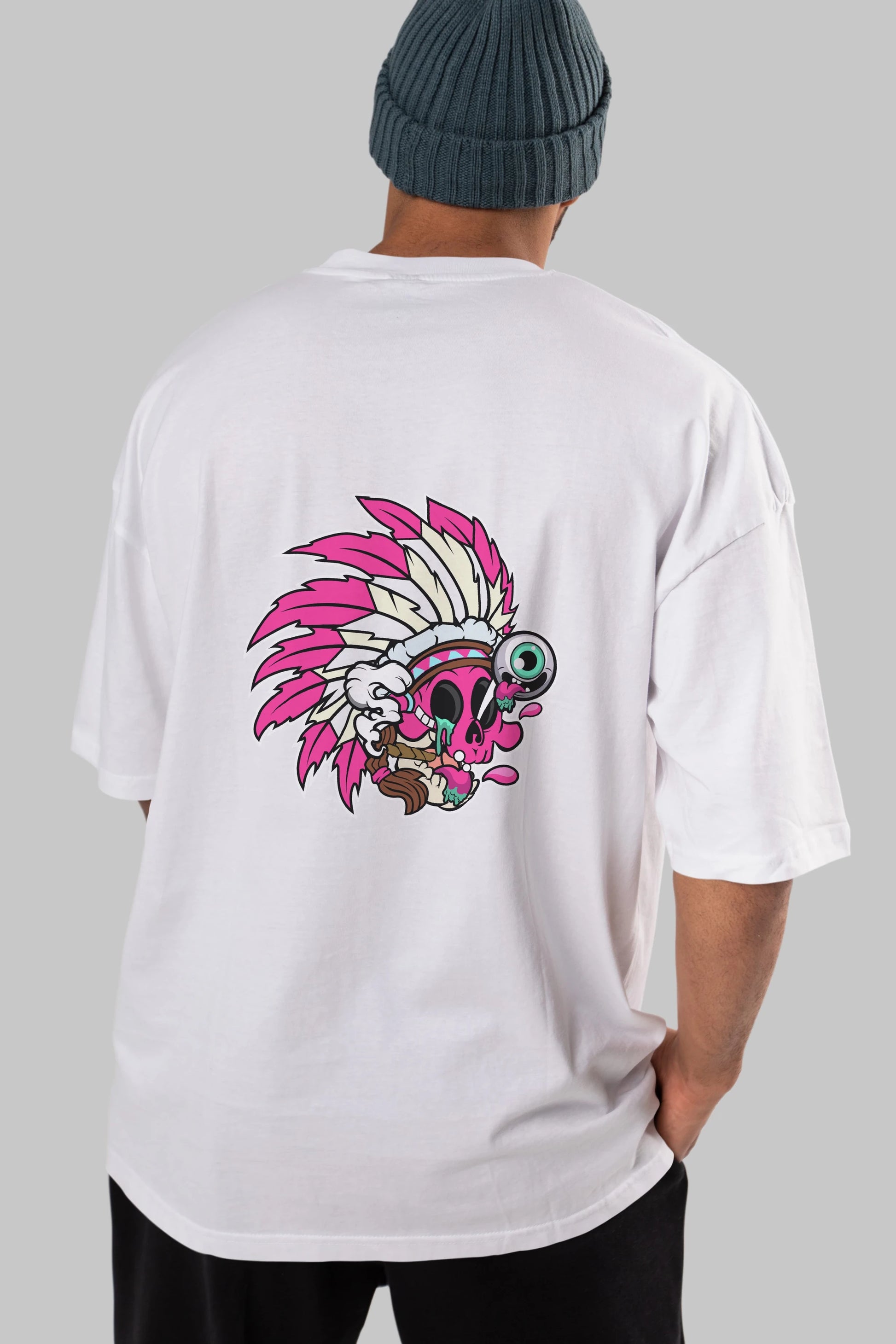 Skull Indian Arka Baskılı Oversize t-shirt Erkek Kadın Unisex %100 Pamuk tişort