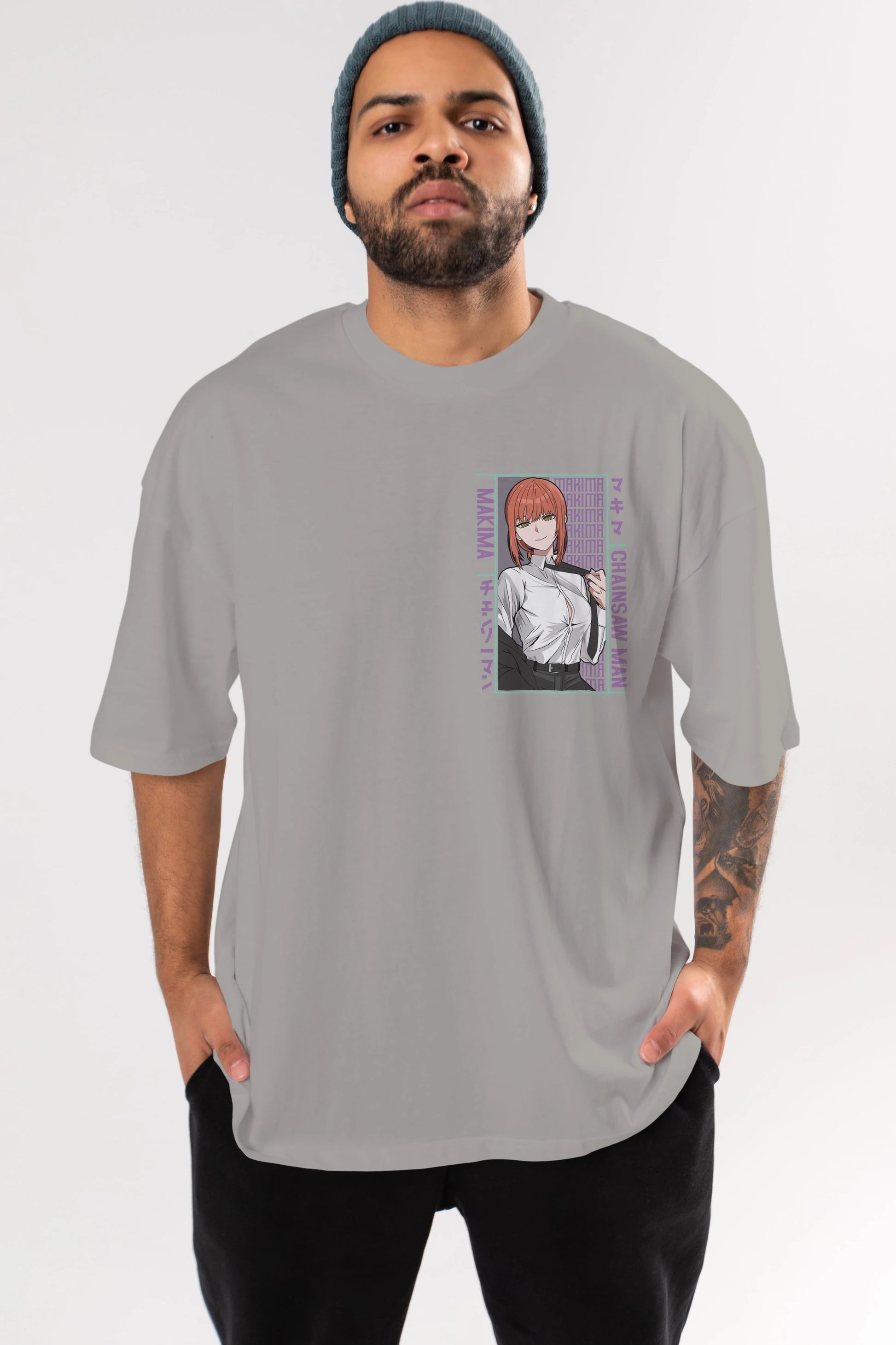 Makima Chain Saw Man Ön Sol Baskılı Oversize t-shirt Erkek Kadın Unisex %100 Pamuk Bisiklet Yaka tişort