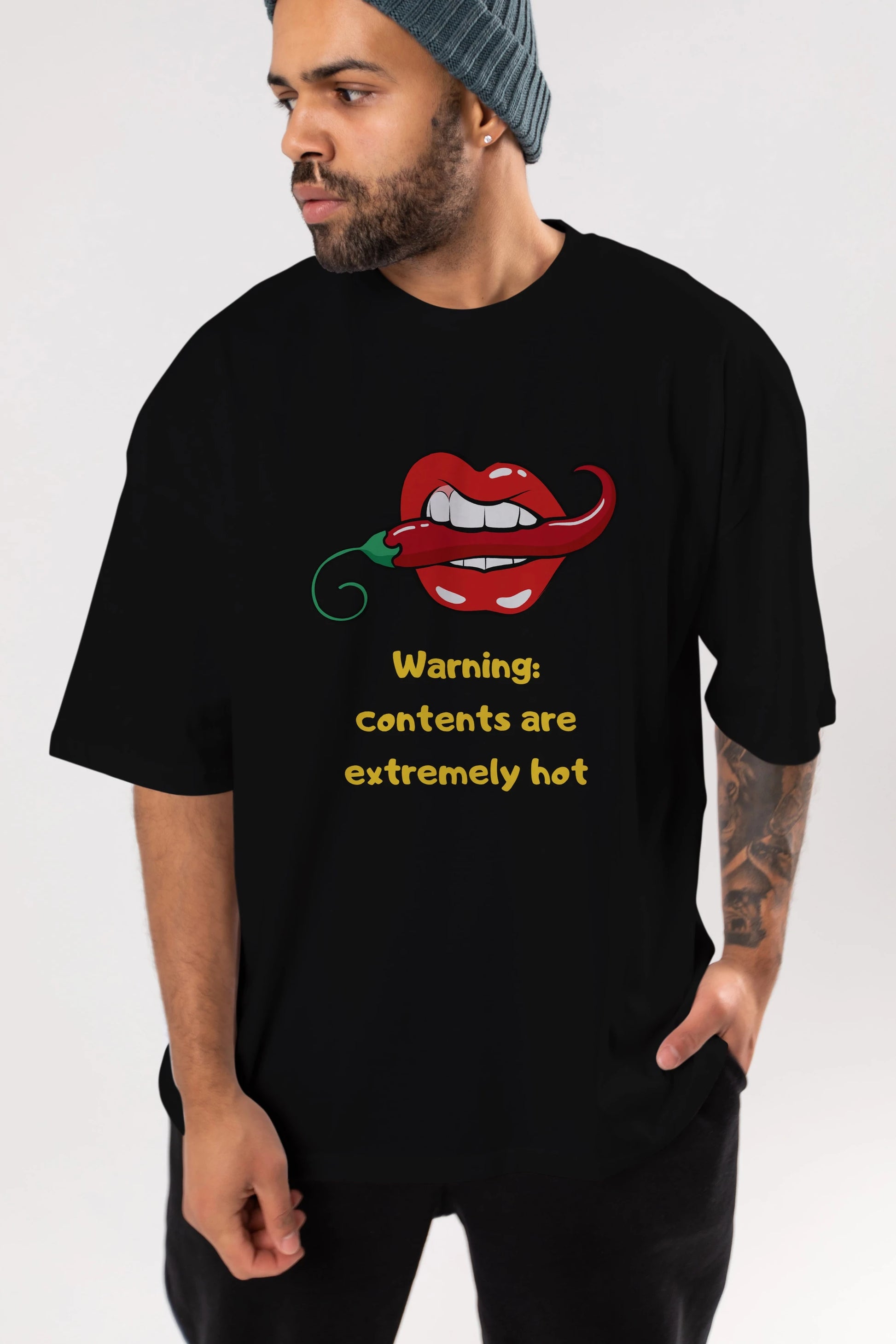 Warning Contents Yazılı Ön Baskılı Oversize t-shirt Erkek Kadın Unisex