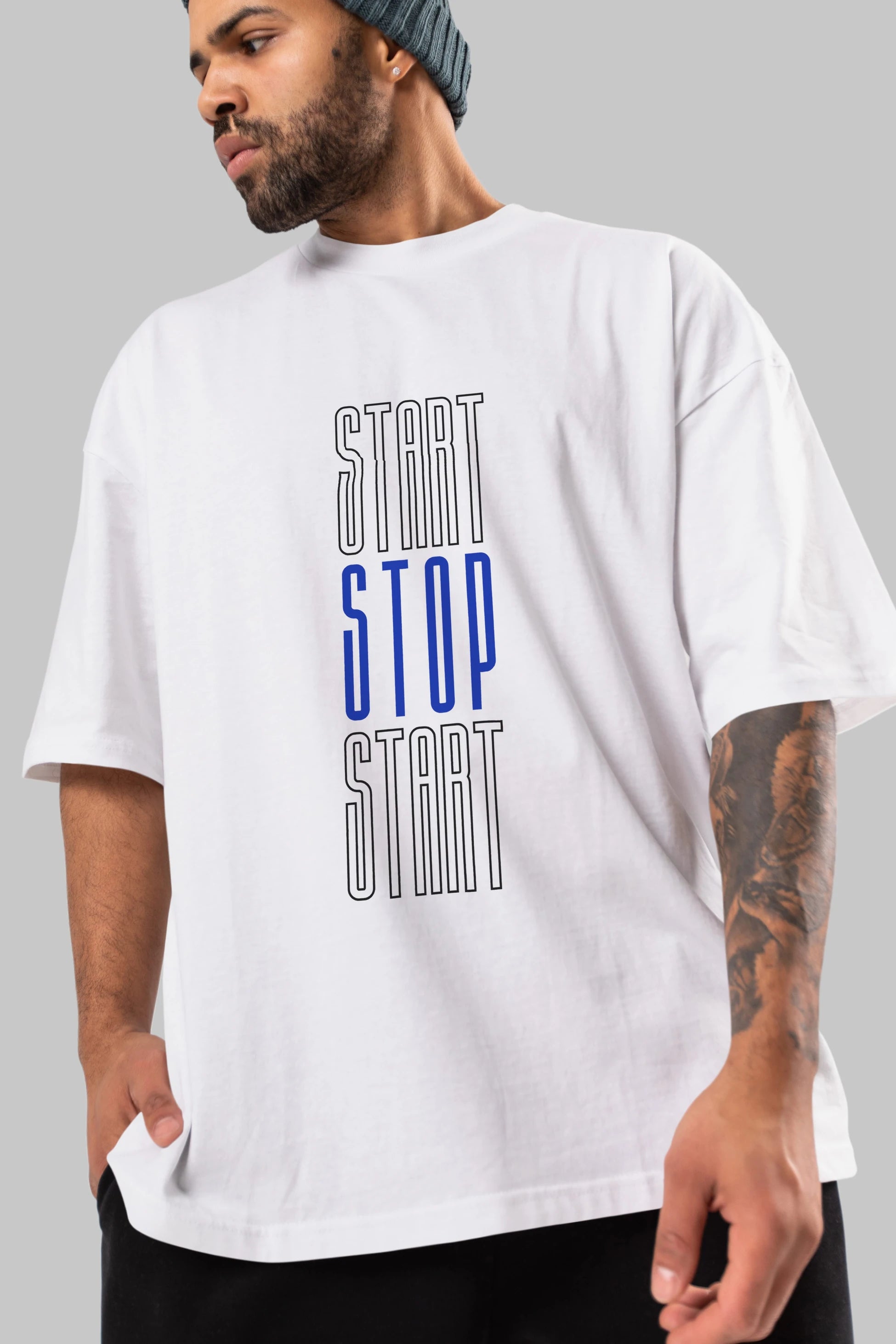 Start Stop Start Yazılı Ön Baskılı Oversize t-shirt Erkek Kadın Unisex