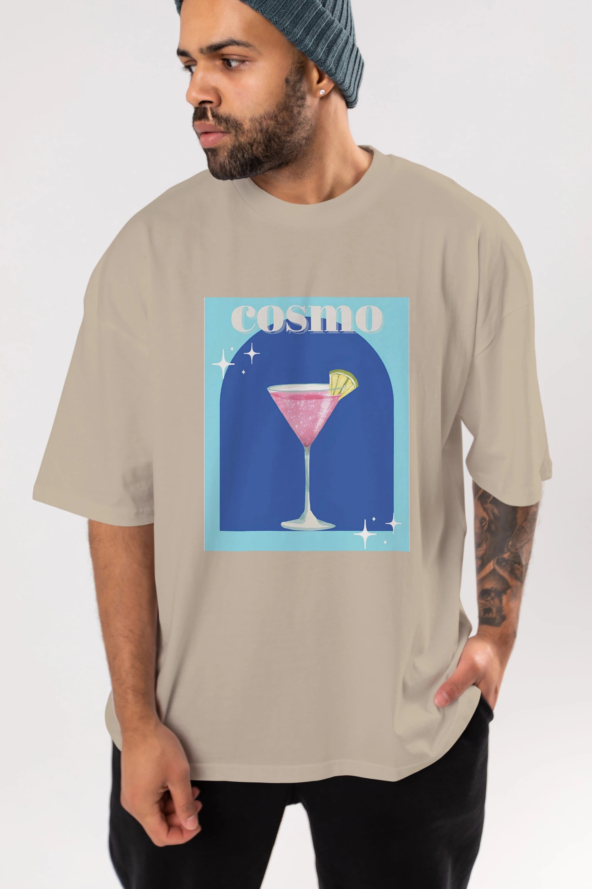 Cosmopolitan 2 Ön Baskılı Oversize t-shirt Erkek Kadın Unisex %100 Pamuk Bisiklet Yaka tişort
