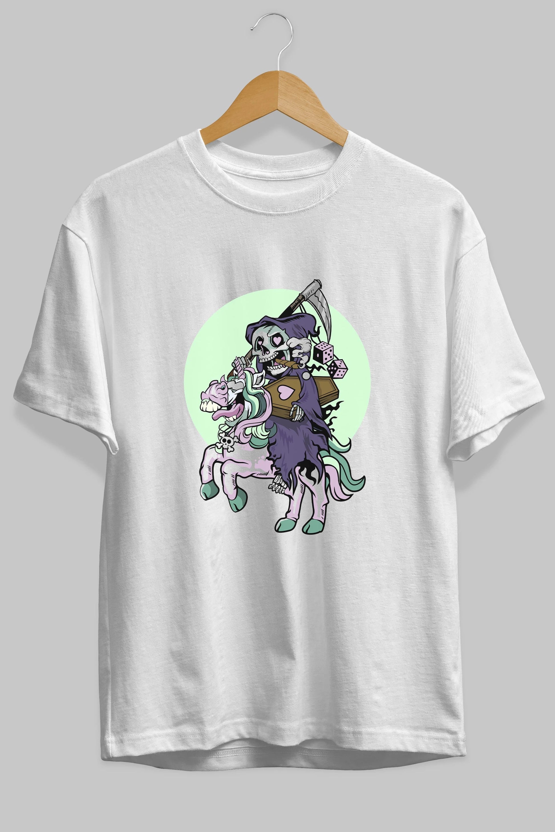 Grim Reaper Riding Unicorn Ön Baskılı Oversize t-shirt Erkek Kadın Unisex %100 Pamuk tişort