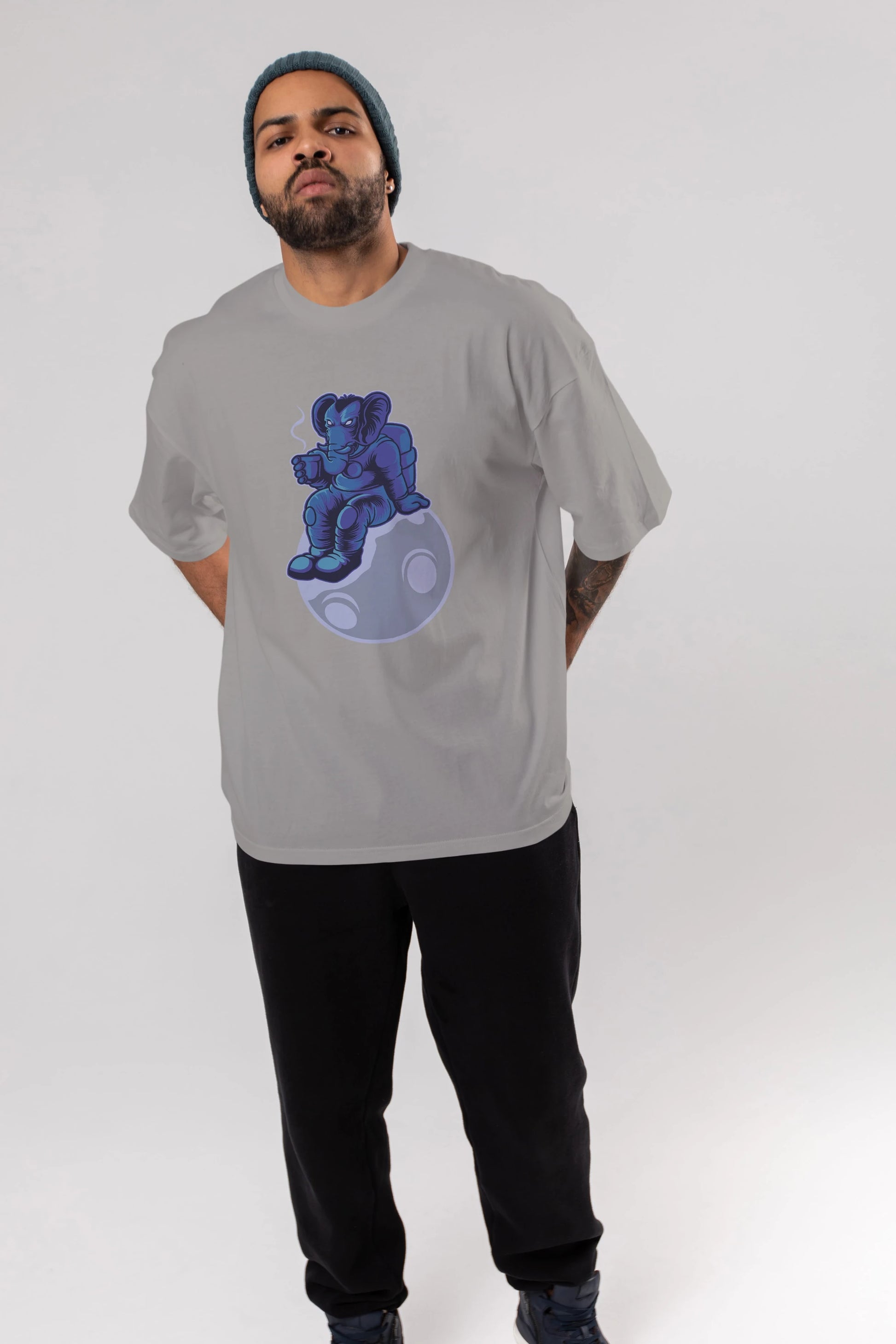 Space Elephant Drink Coffee Ön Baskılı Oversize t-shirt Erkek Kadın Unisex