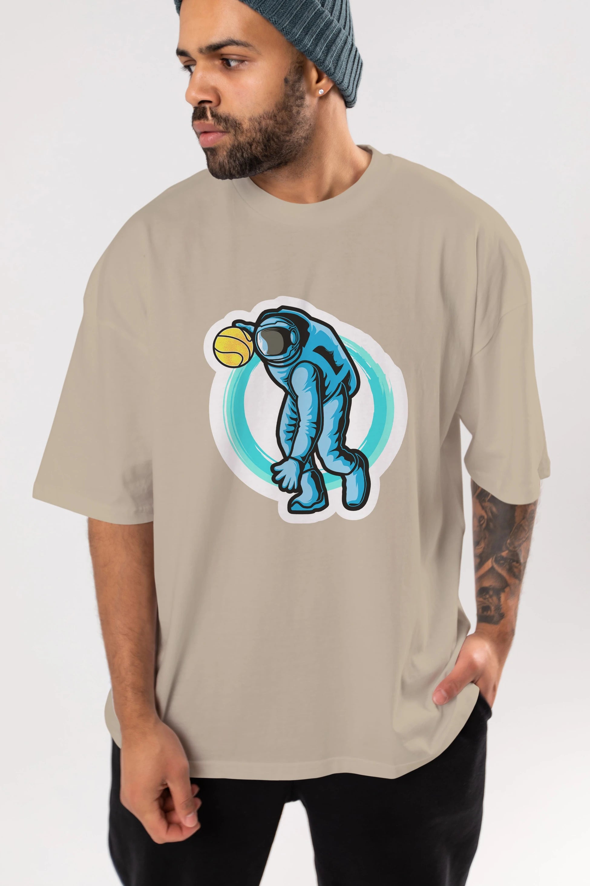 Astronaut Dribble Sticker Ön Baskılı Oversize t-shirt Erkek Kadın Unisex