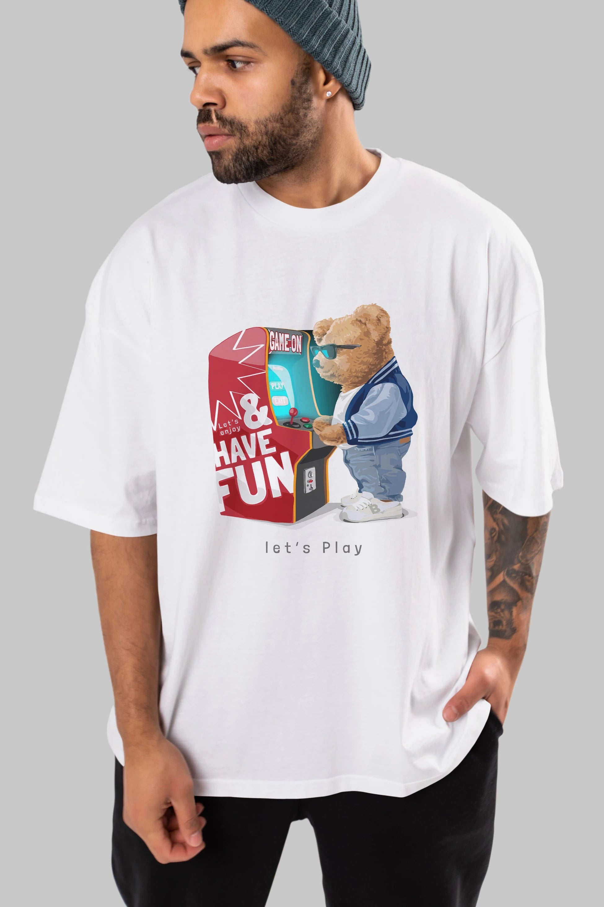 Teddy Bear Lets Play Ön Baskılı Oversize t-shirt Erkek Kadın Unisex %100 Pamuk