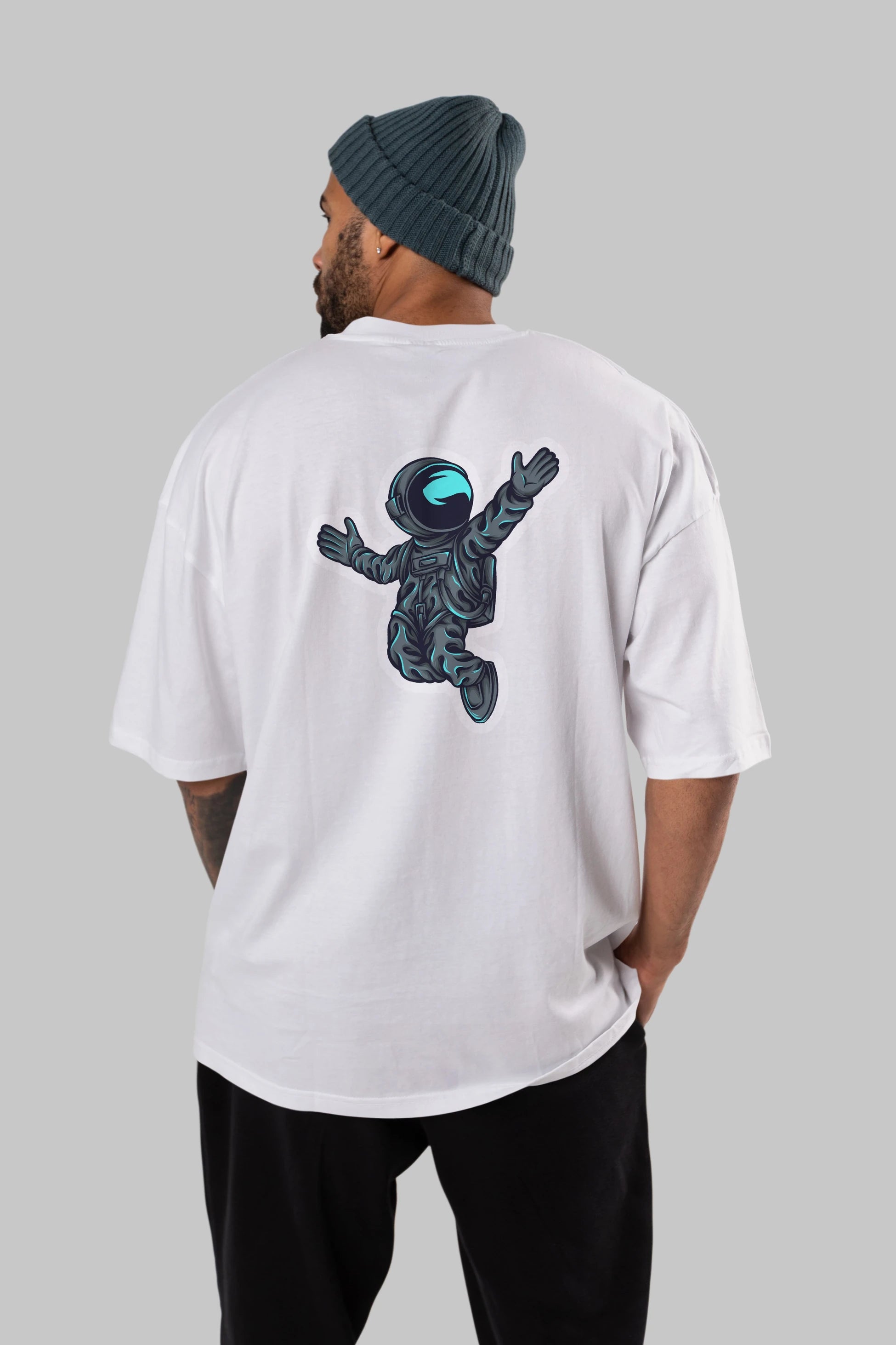 Happy Astronaut Sticker Arka Baskılı Oversize t-shirt Erkek Kadın Unisex
