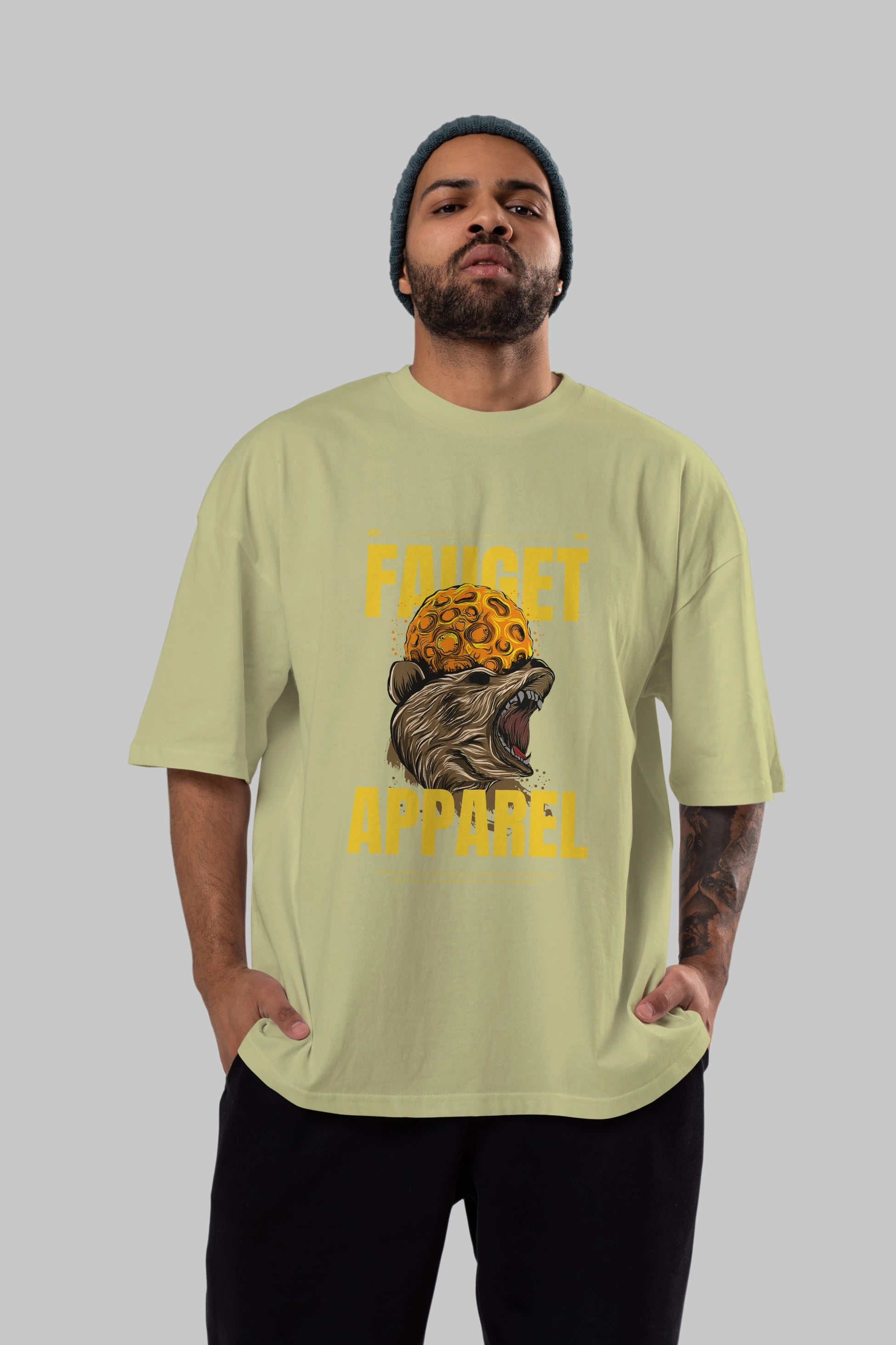 Bear Angry Fauget Apparel Ön Baskılı Oversize t-shirt Erkek Kadın Unisex