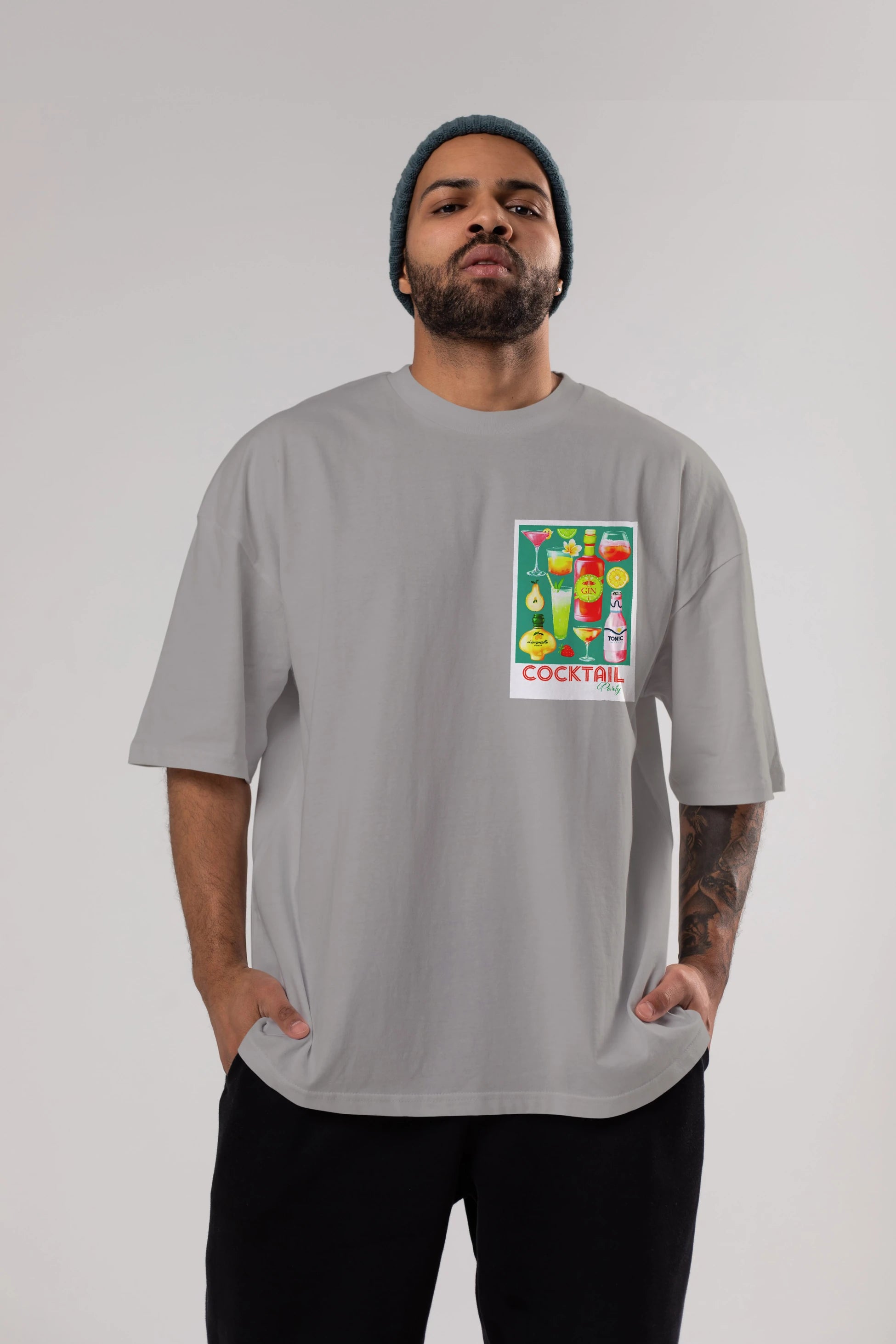 Cocktail Party 2 Ön Sol Baskılı Oversize t-shirt Erkek Kadın Unisex %100 Pamuk Bisiklet Yaka tişort