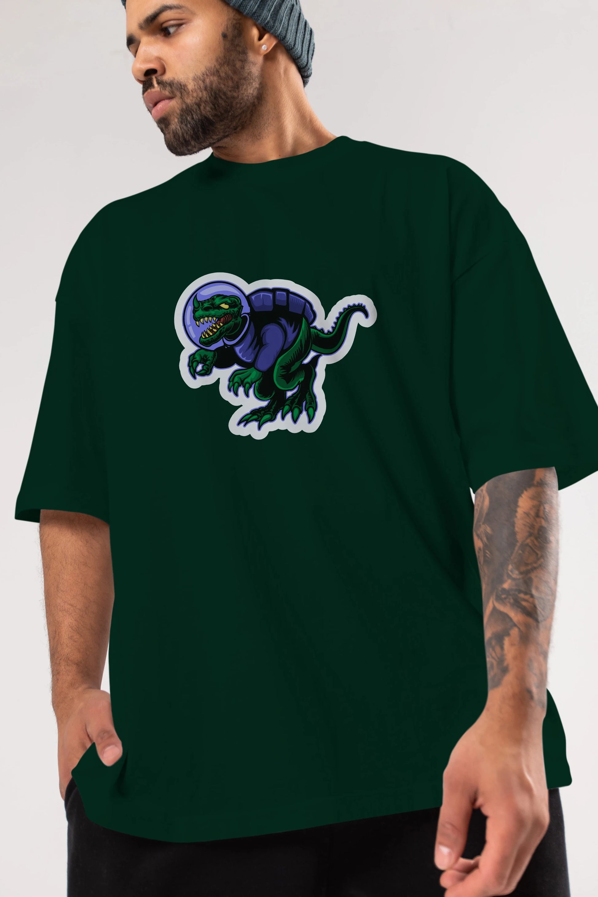 Space Dino Sticker Ön Baskılı Oversize t-shirt Erkek Kadın Unisex