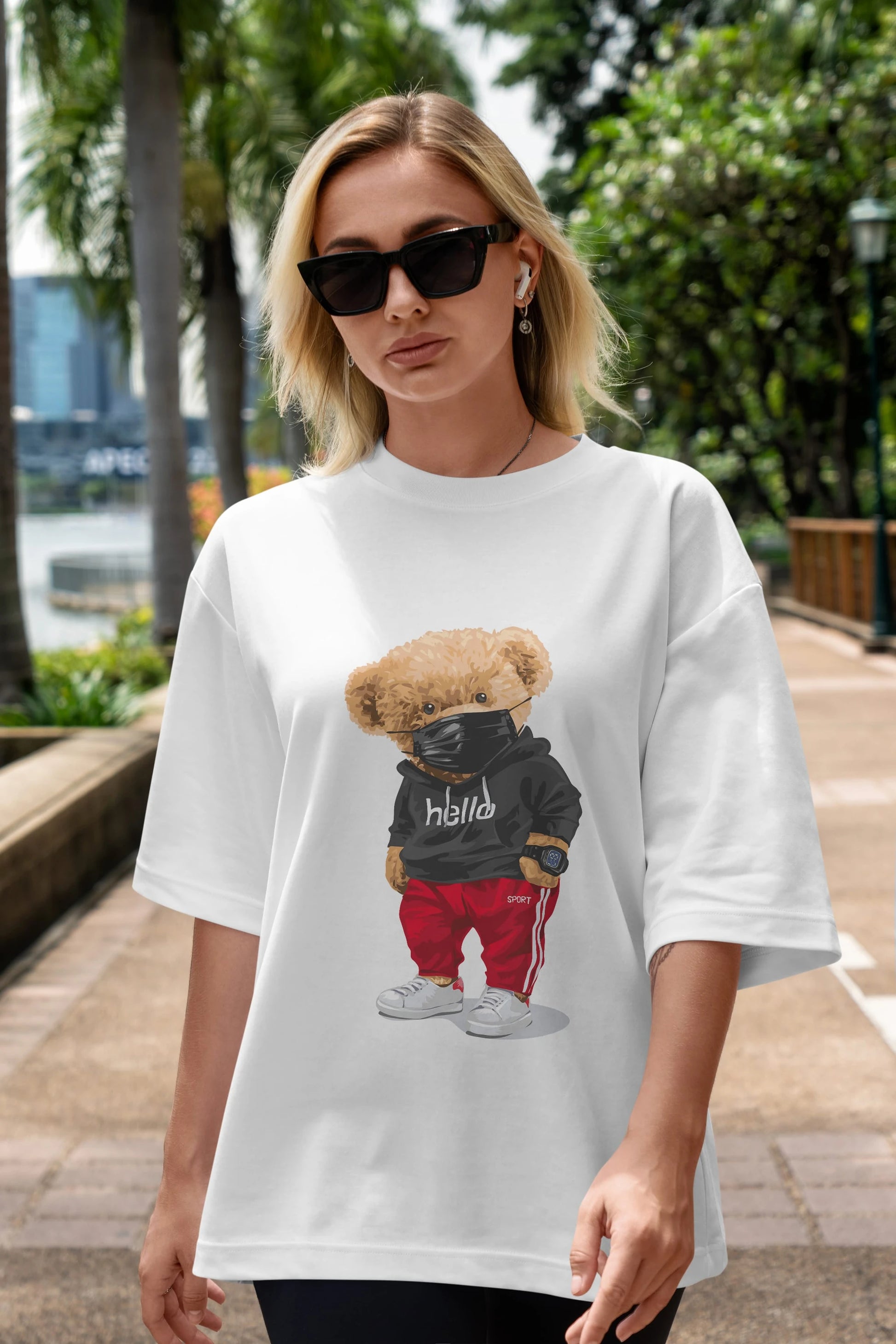 Teddy Bear Hello Sport Ön Baskılı Oversize t-shirt Erkek Kadın Unisex %100 Pamuk