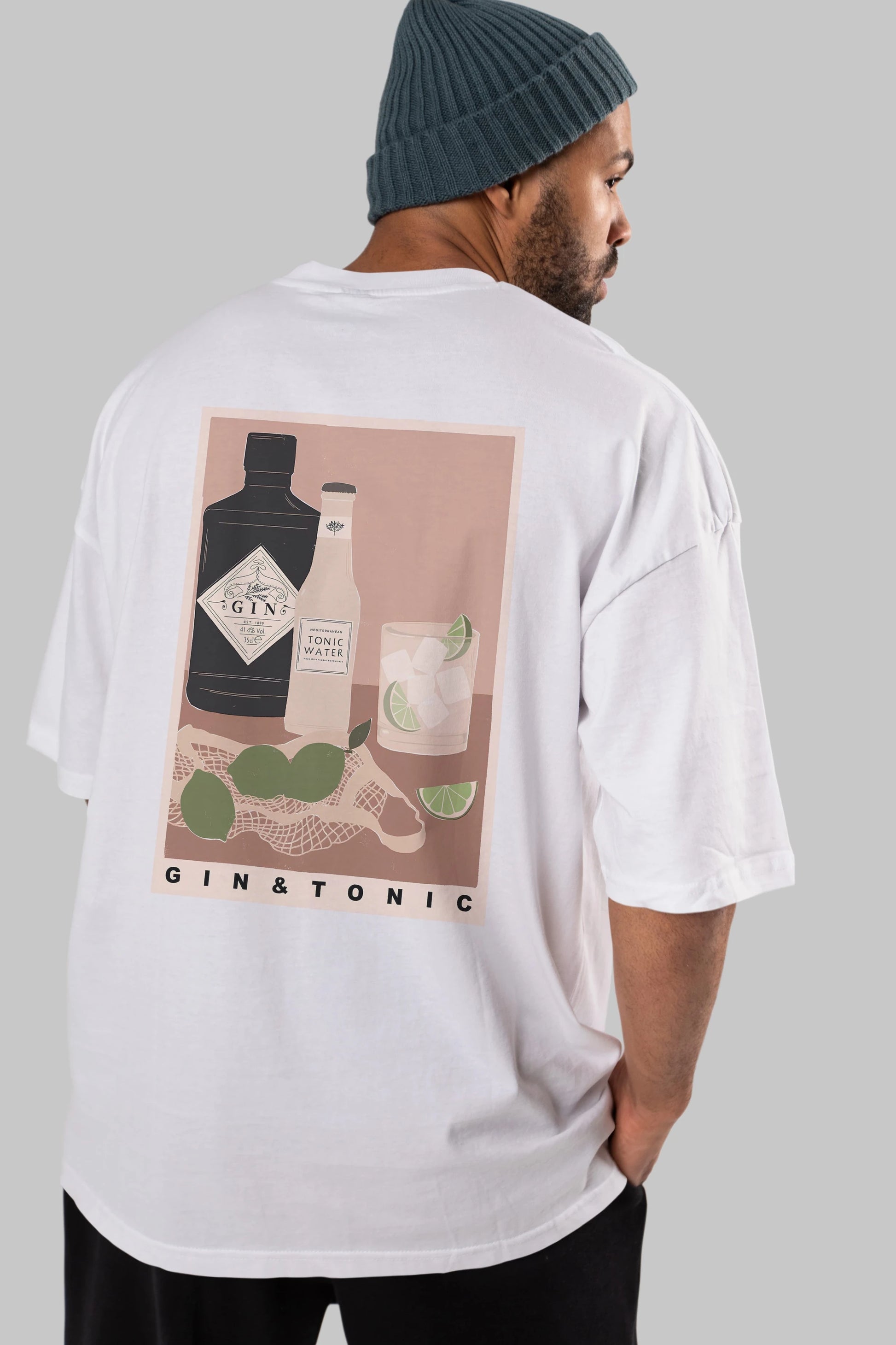 Gin Tonic Arka Baskılı Oversize t-shirt Erkek Kadın Unisex %100 Pamuk Bisiklet Yaka tişort