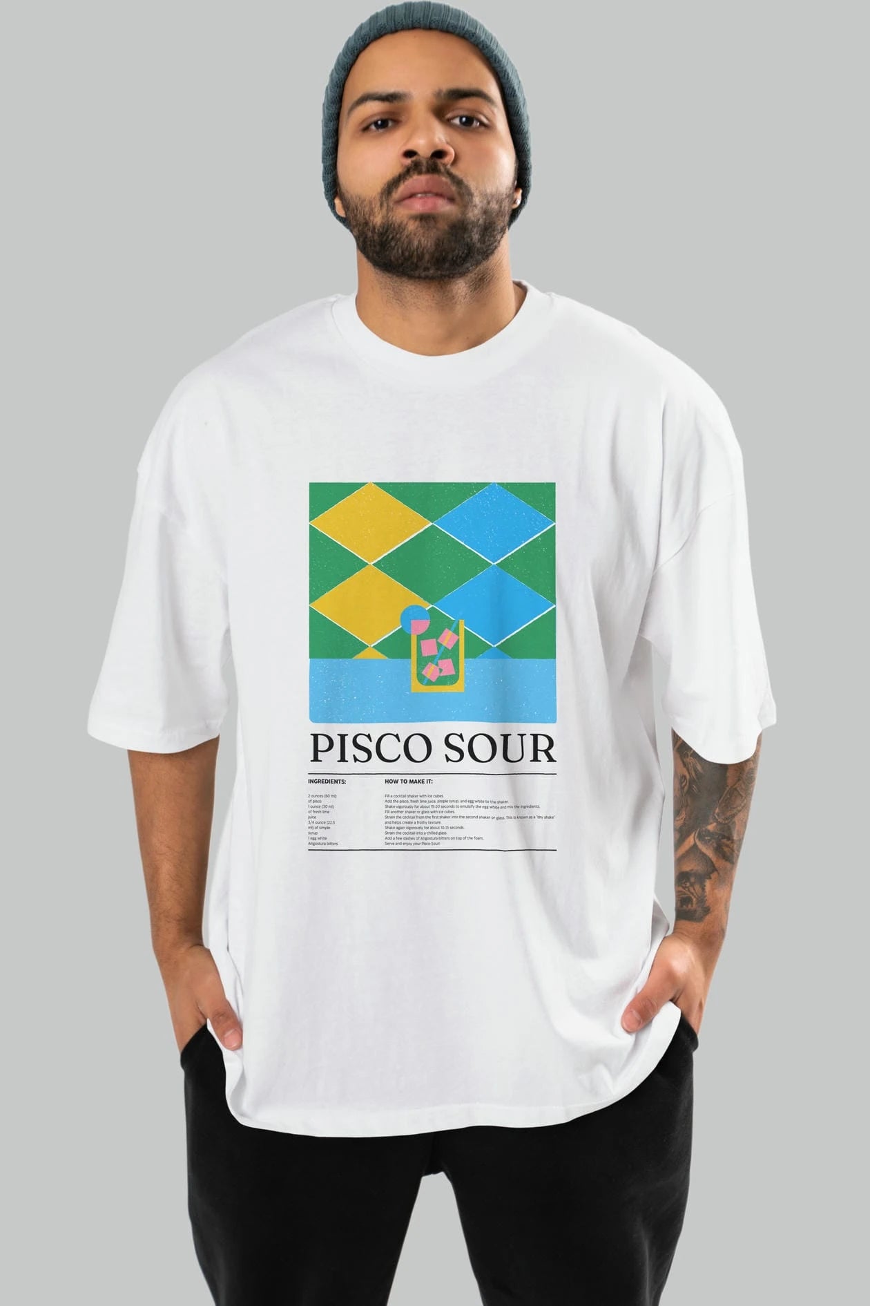 Pisco Sour Kokteyl Ön Baskılı Oversize t-shirt Erkek Kadın %100 Pamuk Bisiklet Yaka tişort