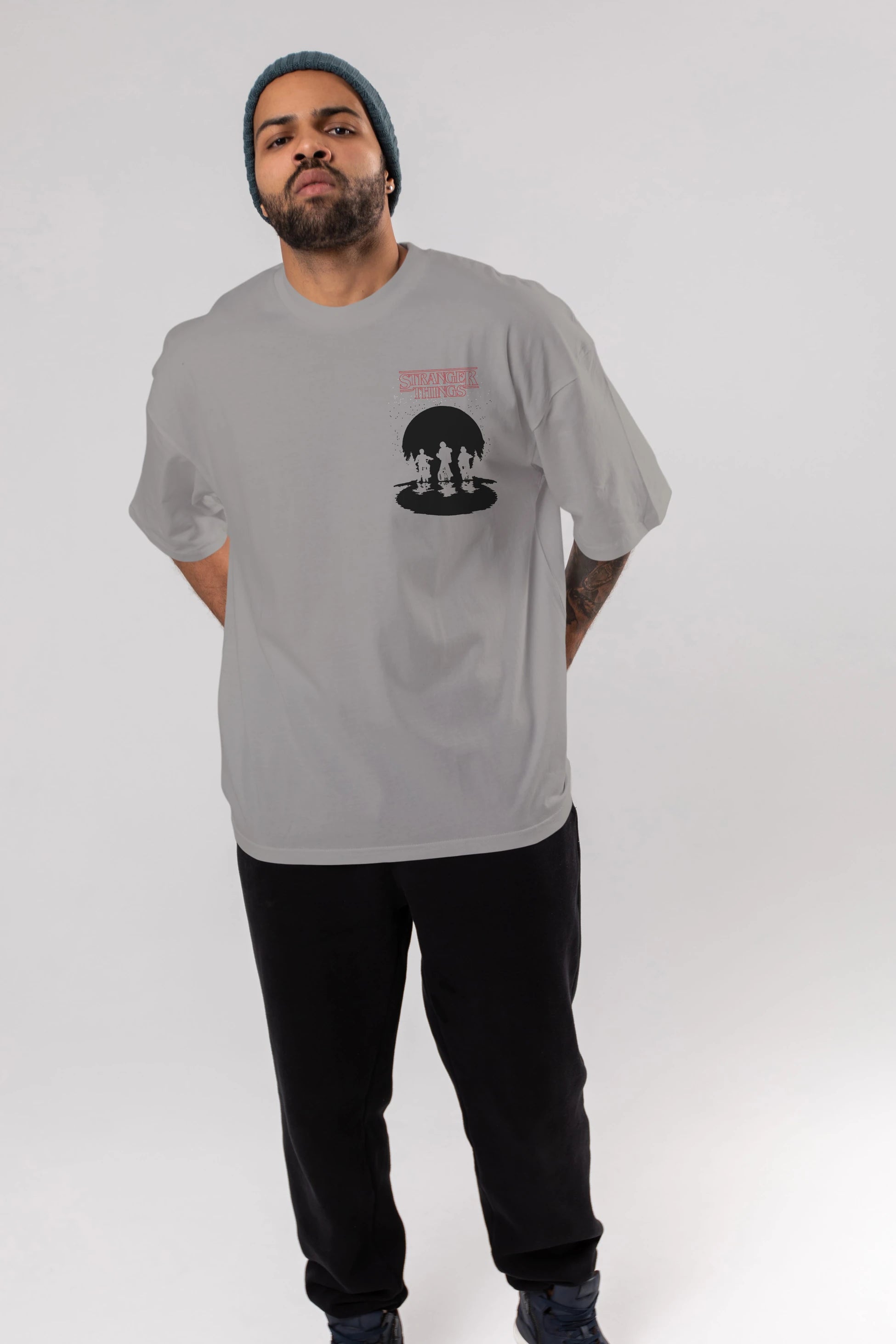 Stranger Things Ön Sol Baskılı Oversize t-shirt Erkek Kadın Unisex %100 Pamuk Bisiklet Yaka tişort