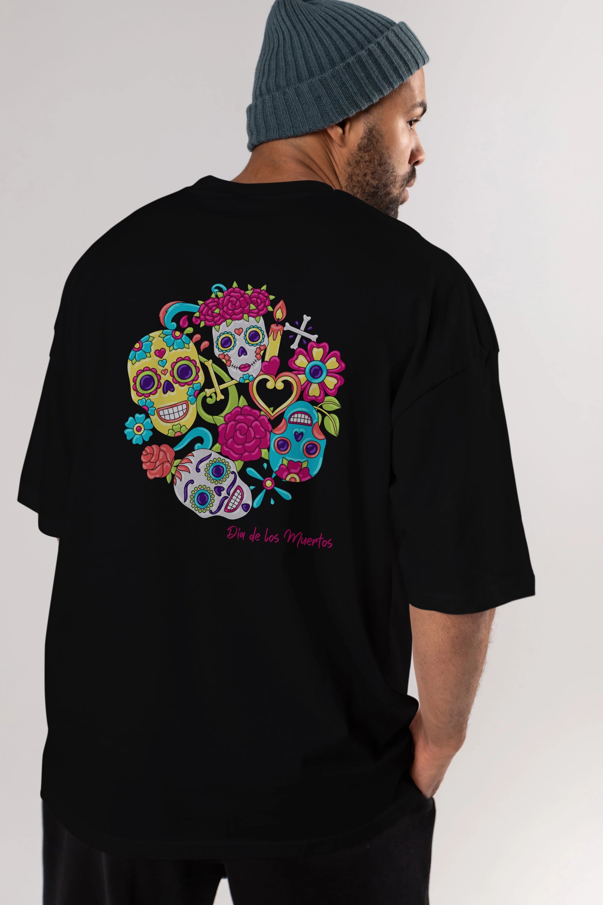 Dia de los Muertos Arka Baskılı Oversize t-shirt Erkek Kadın Unisex
